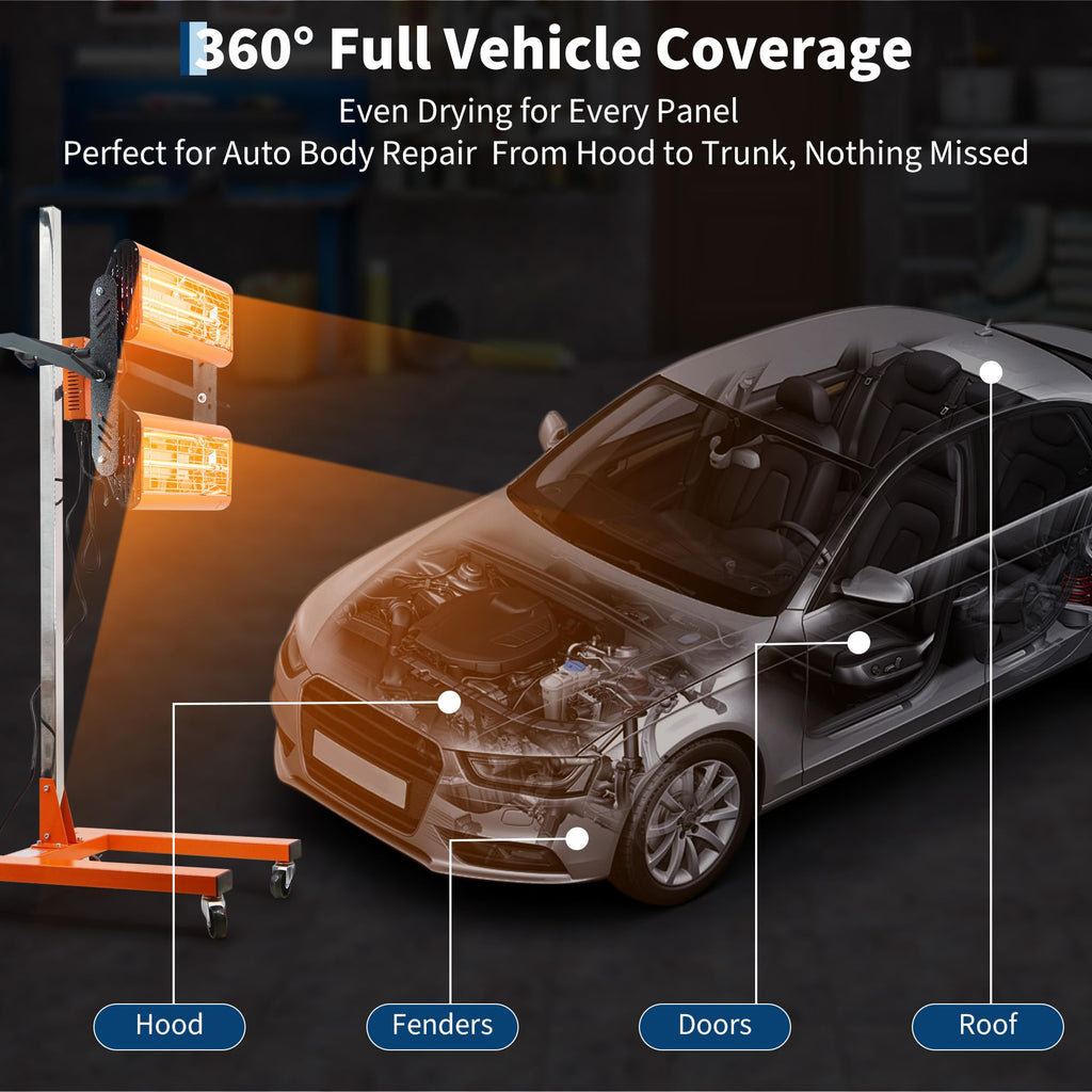 Garvee 2000W Infrared Paint Curing Lamp Portable Short Wave Car Paint Dryer for Auto Body Repair Adjustable 40-75°C Aluminum Alloy Frame