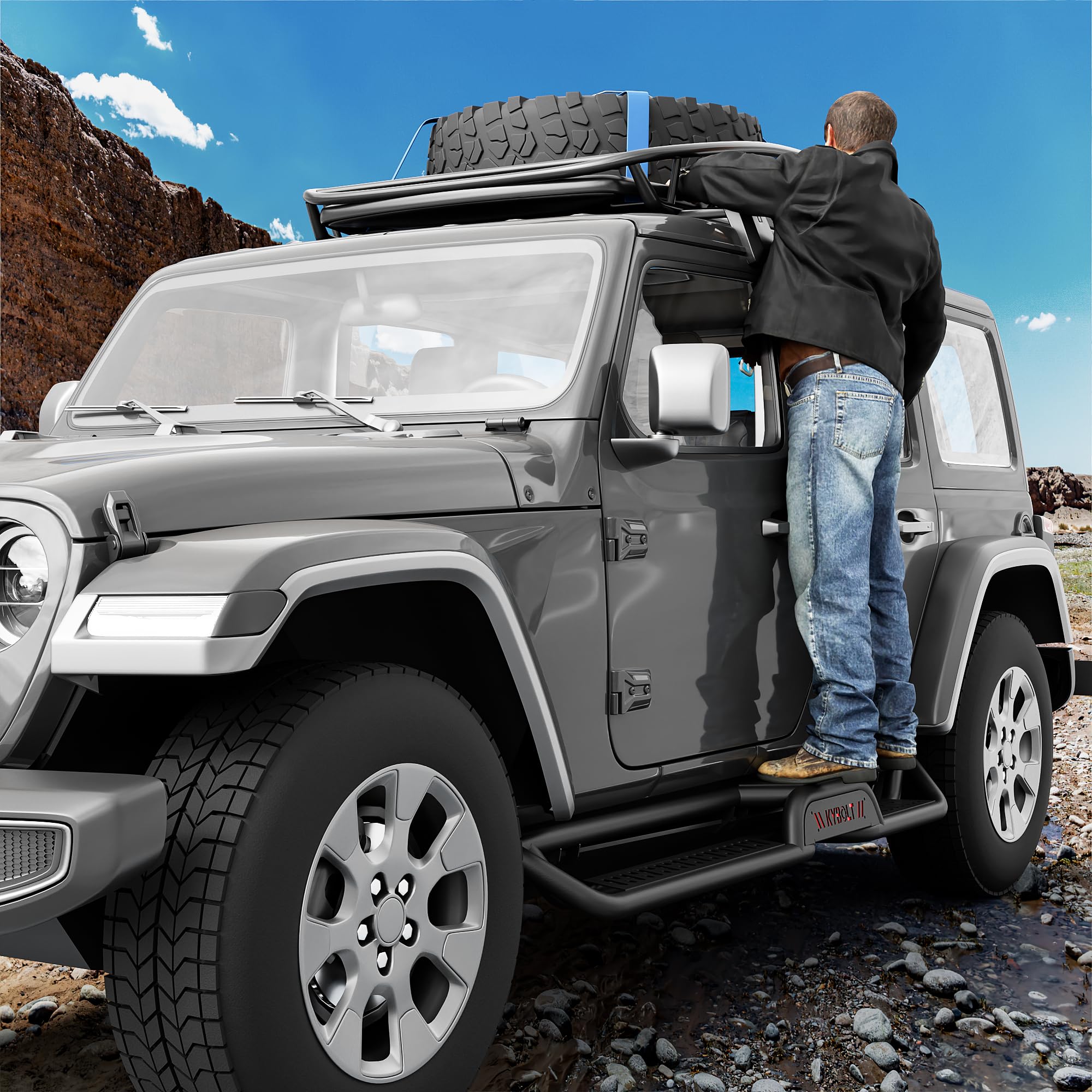 Garvee Running Boards 6.5 Inches with Two Stairs Design Compatible with 2018-2024 Jeep Wrangler JL 4 Doors, All-Steel Build, Bolt-on Side Steps, Black Powder Coated Nerf Bar