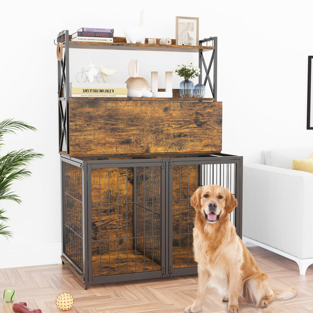 Garvee Dog Crate Furniture Heavy Duty Wooden Pet House With Storage Shelves Indoor Dog Cage 4 Doors Brown Small Medium Dogs