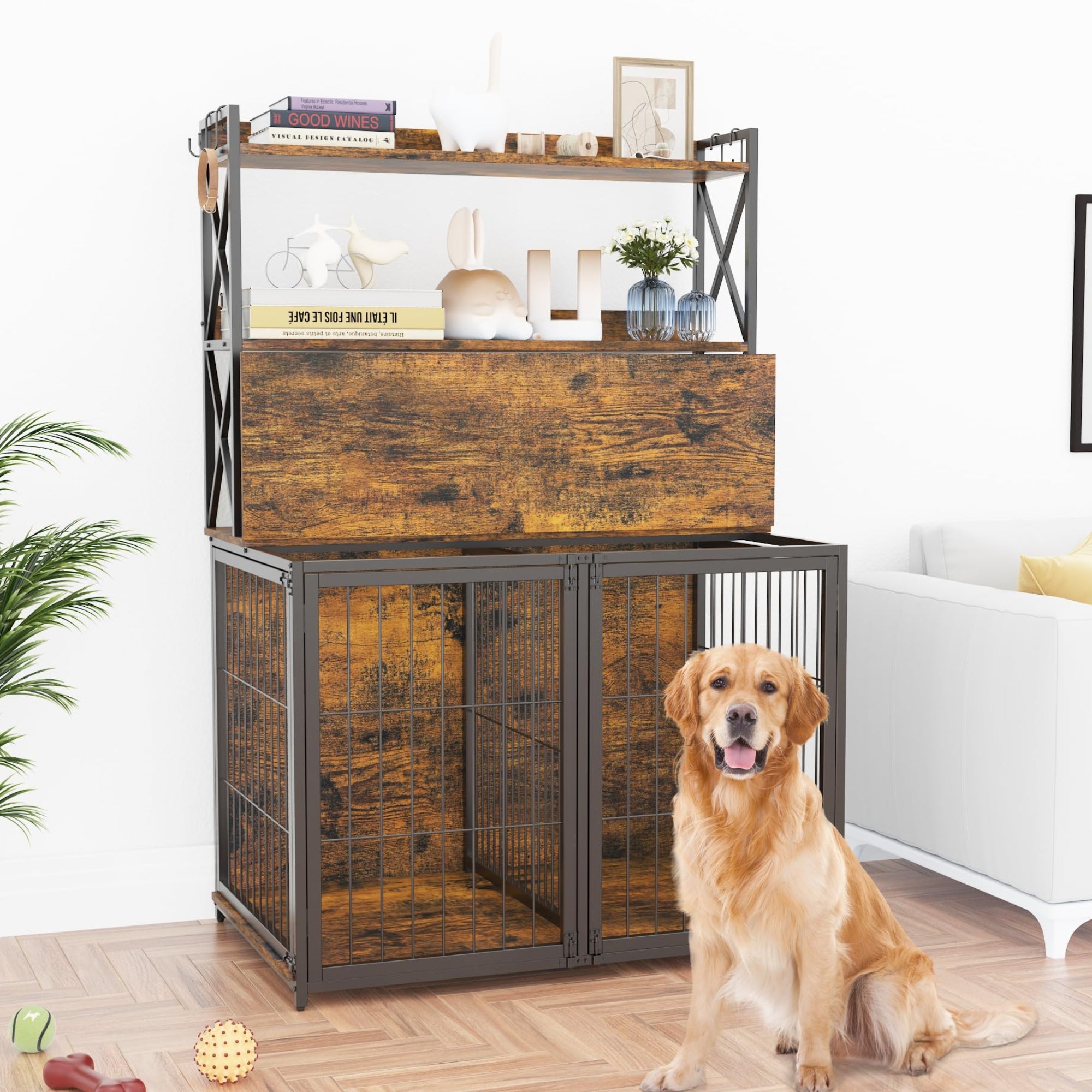 Garvee Dog Crate Furniture Heavy Duty Wooden Pet House With Storage Shelves Indoor Dog Cage 4 Doors Brown Small Medium Dogs