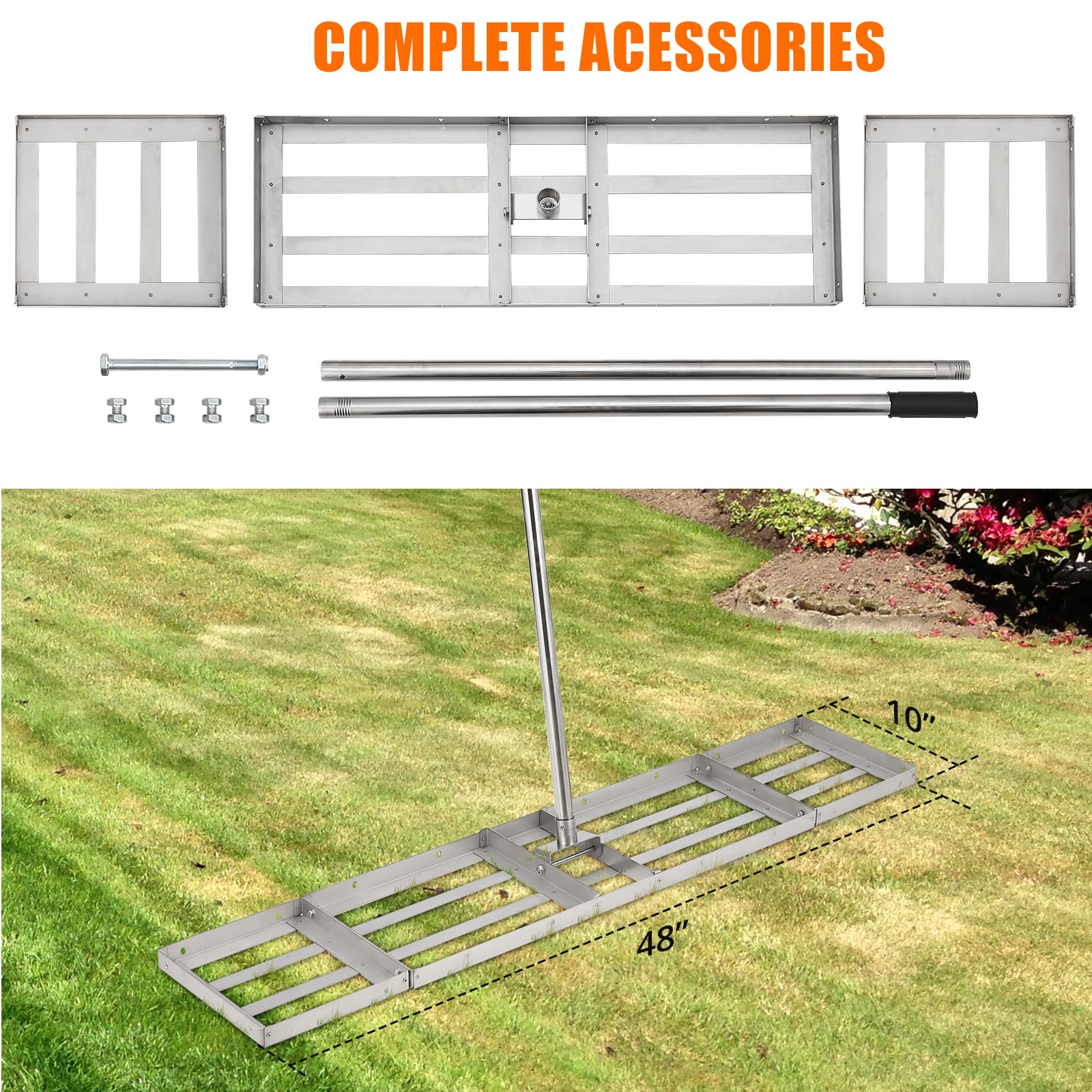 Garvee 48"×10" Heavy-Duty Steel Lawn Leveling Rake with 180° Flexible Rotation - Topdressing Spreader Tool for Backyard, Garden, Golf Course, Farm, and Pasture