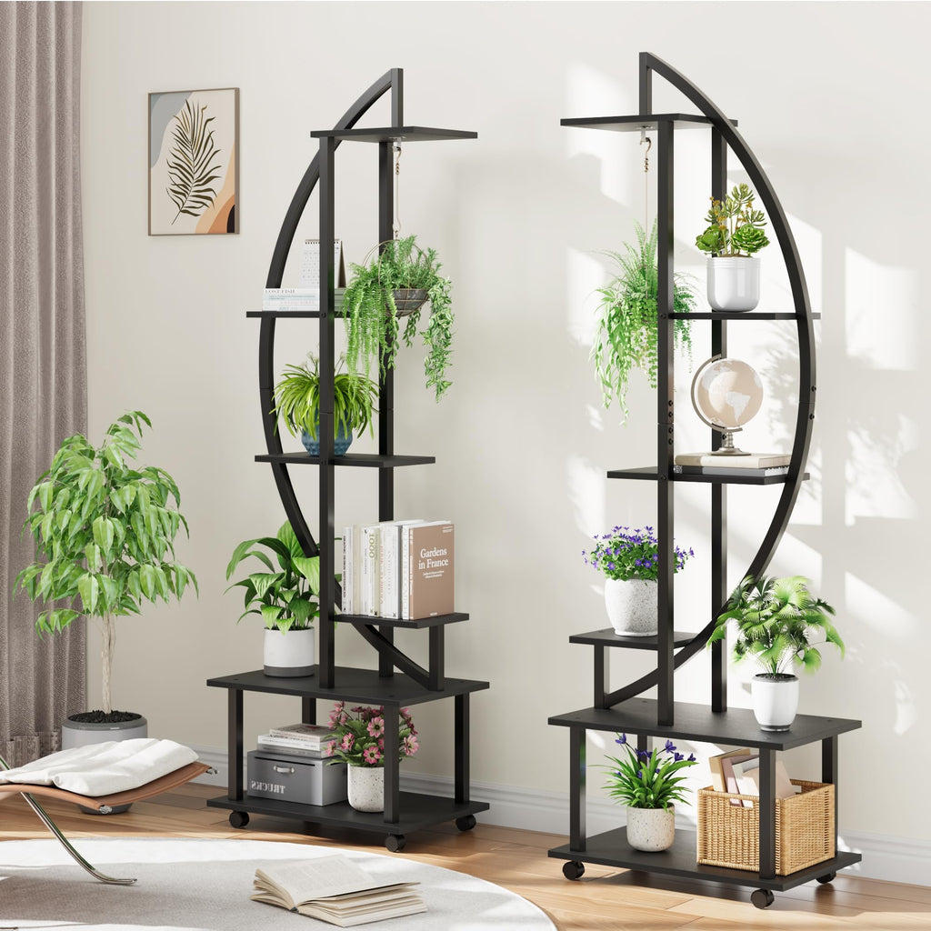 Garvee 2 Pack 6 Tier Tall Plant Stand Metal Indoor + Half Moon Design + Detachable Wheels + Drawers + 12 Pot Stands + Home Patio Lawn Garden