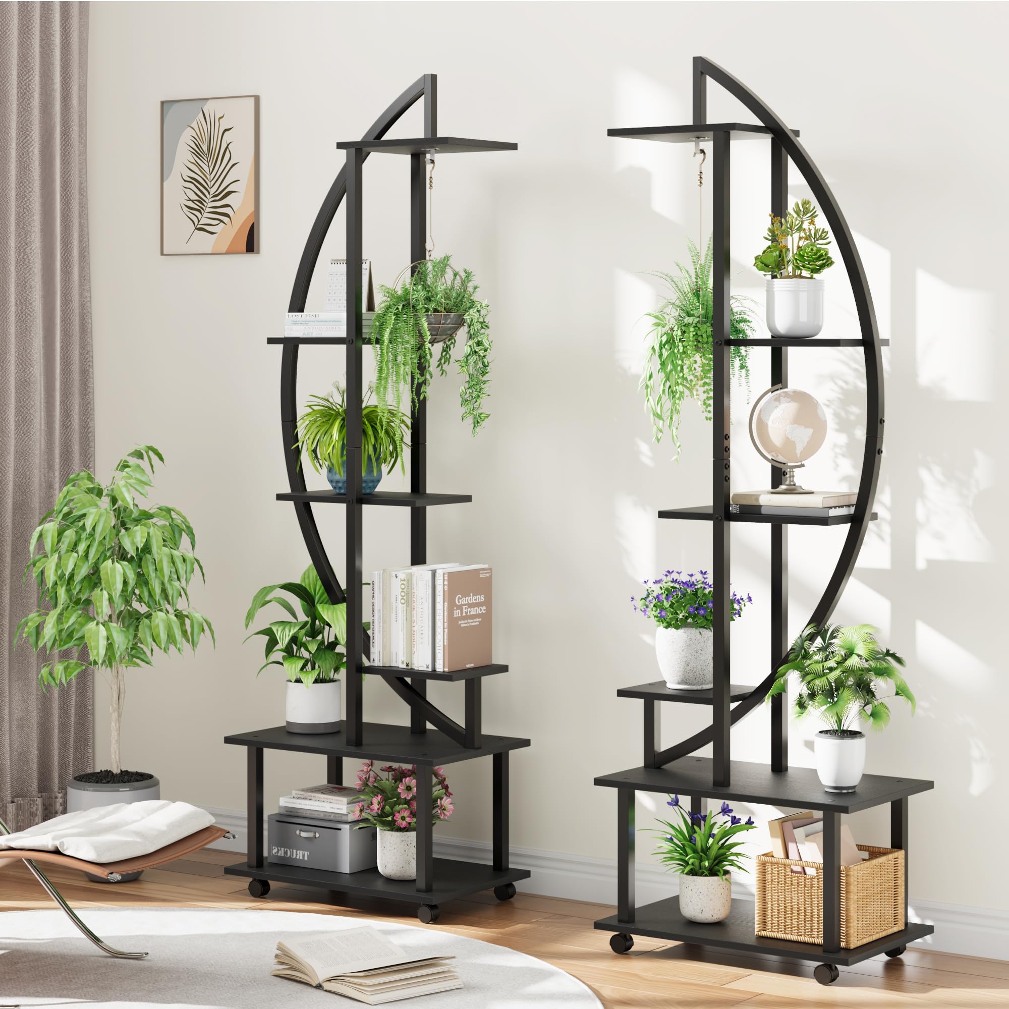Garvee 2 Pack 6 Tier Tall Plant Stand Metal Indoor + Half Moon Design + Detachable Wheels + Drawers + 12 Pot Stands + Home Patio Lawn Garden