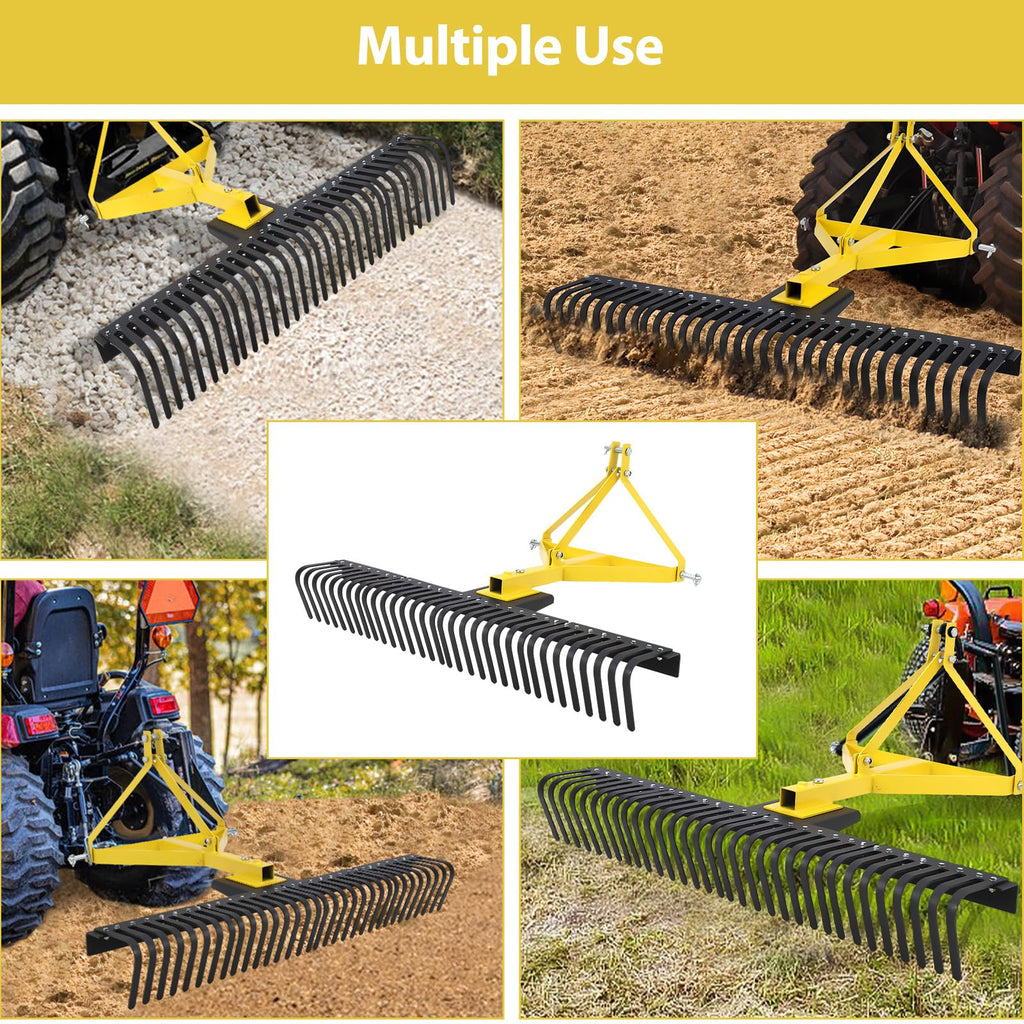 Garvee Heavy Duty 5 FT Landscape Rock Rake Include 3 Point Attach Rake， 360 Degree Rotation Tow-Behind Garden Tool for Compact Tractors, Category 1