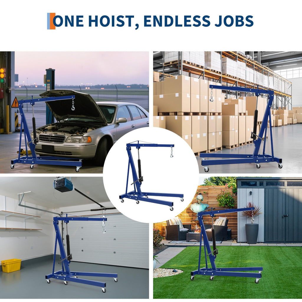 Garvee Engine Hoist Cherry Picker 2 Ton Folding Hydraulic Shop Crane with Telescopic Boom for Workshops Garage Blue