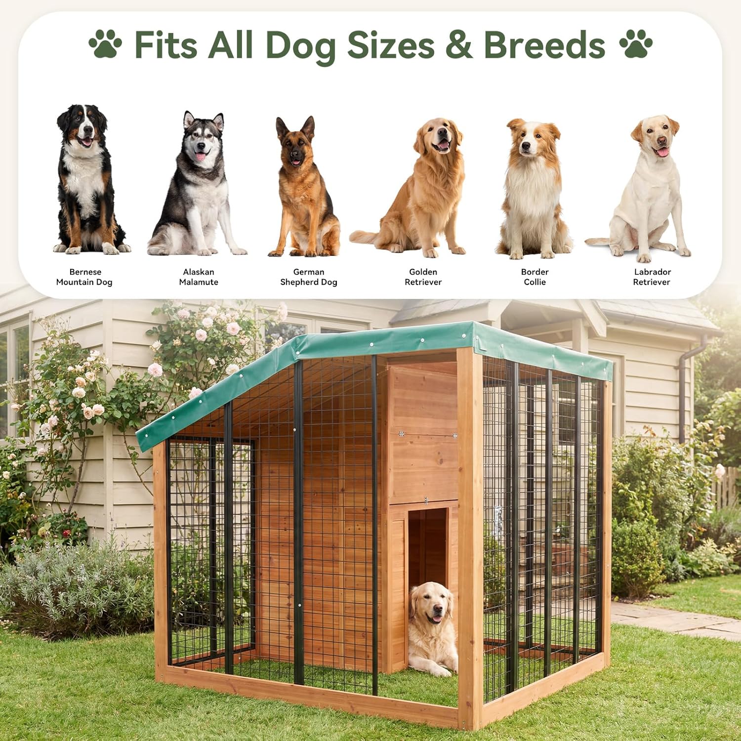 Garvee Large Outdoor Cedar Wood Dog House, Weatherproof Dog Kennel with Roof, Rear Door, Secure Lock & Built-in Storage Outdoor Safe Pet Shelter for Medium to Large Dogs, Wood