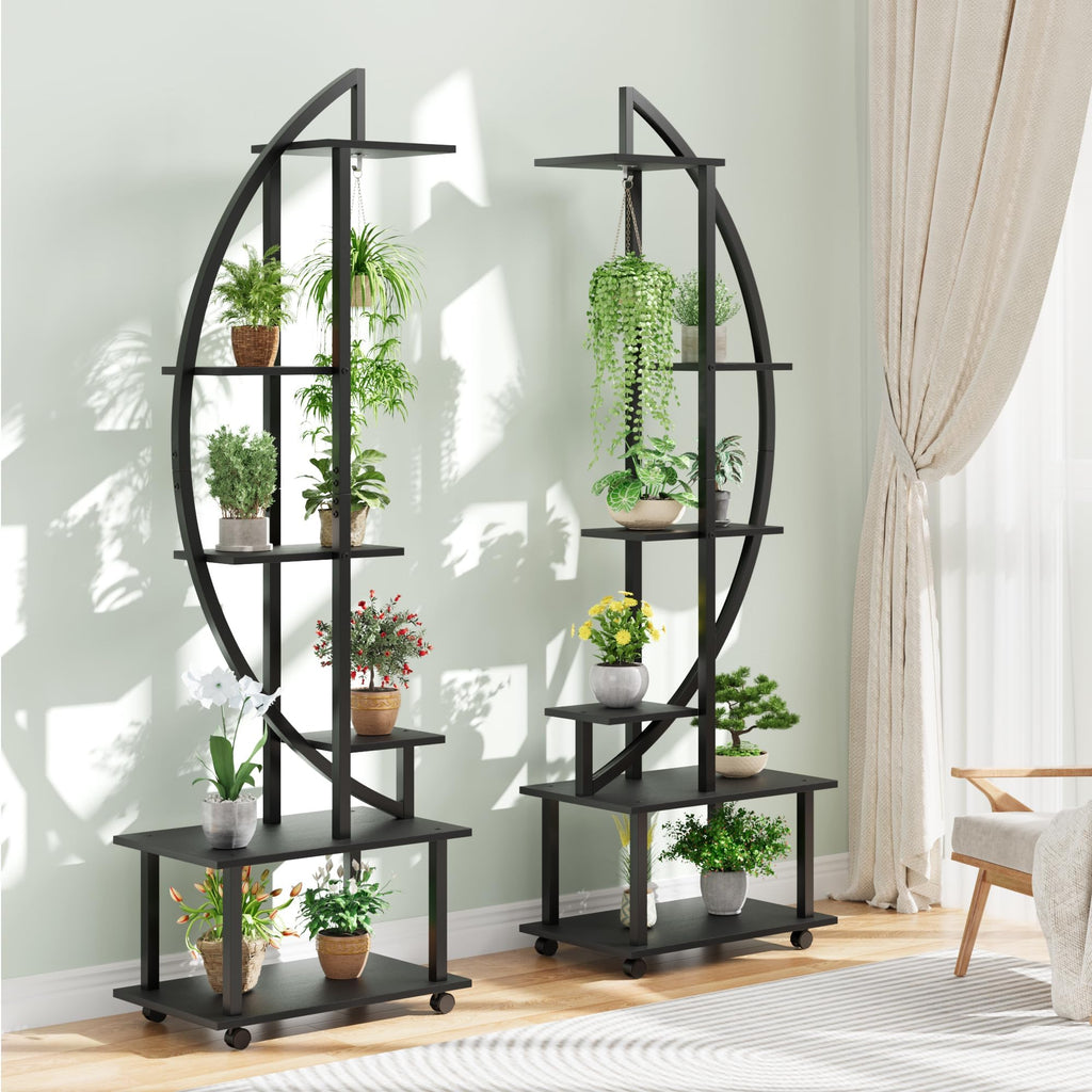 Garvee 2 Pack 6 Tier Tall Plant Stand Metal Indoor + Half Moon Design + Detachable Wheels + Drawers + 12 Pot Stands + Home Patio Lawn Garden