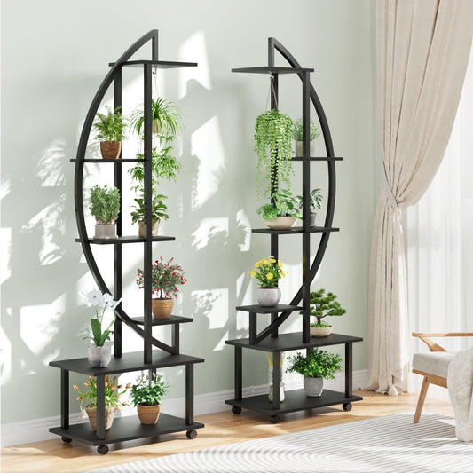 Garvee 2 Pack 6 Tier Tall Plant Stand Metal Indoor + Half Moon Design + Detachable Wheels + Drawers + 12 Pot Stands + Home Patio Lawn Garden