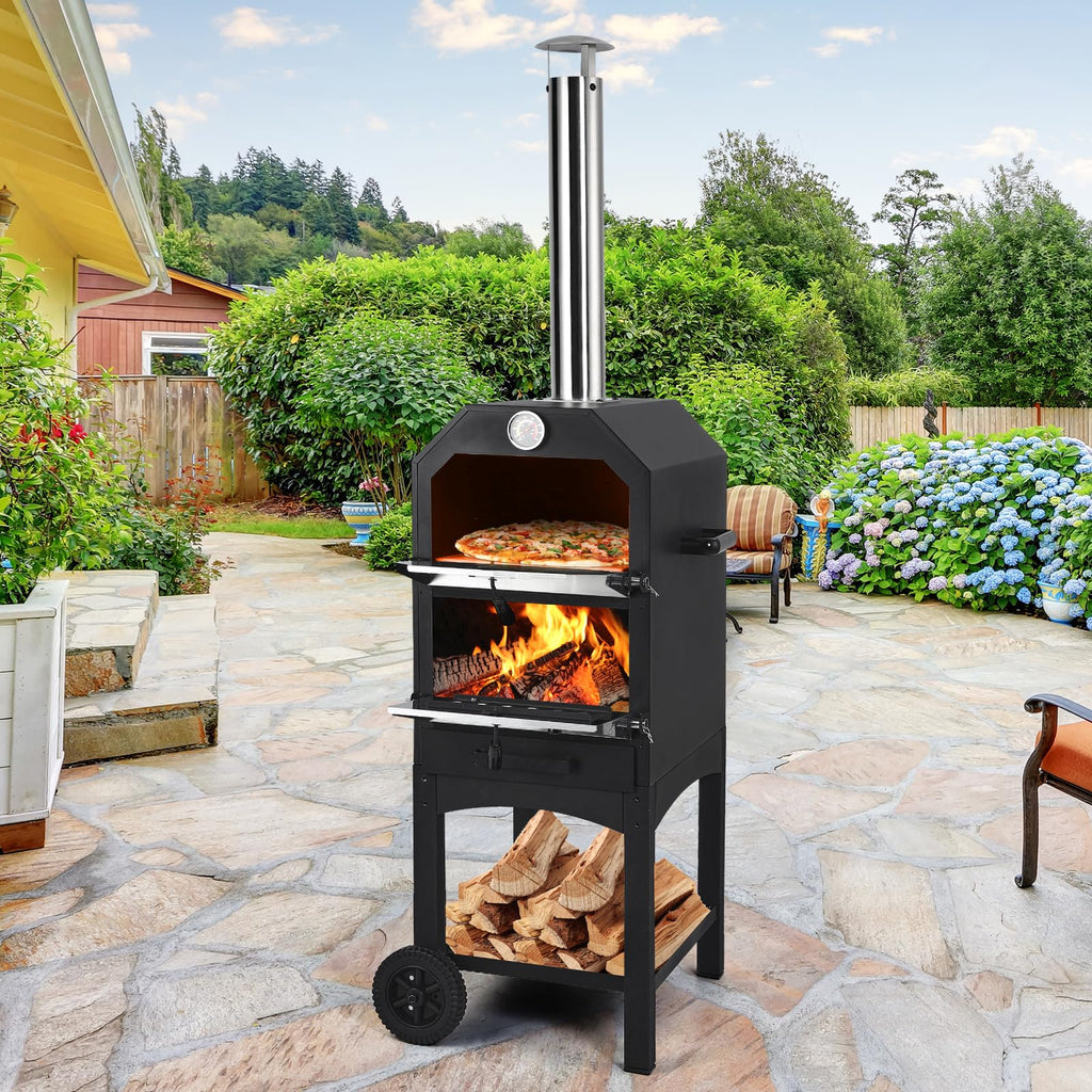 Garvee Wood-Fired Outdoor Pizza Oven, Portable with Pizza Stone, Peel, Grill Rack, Wheels, and Waterproof Cover for Backyard, Patio, and Camping