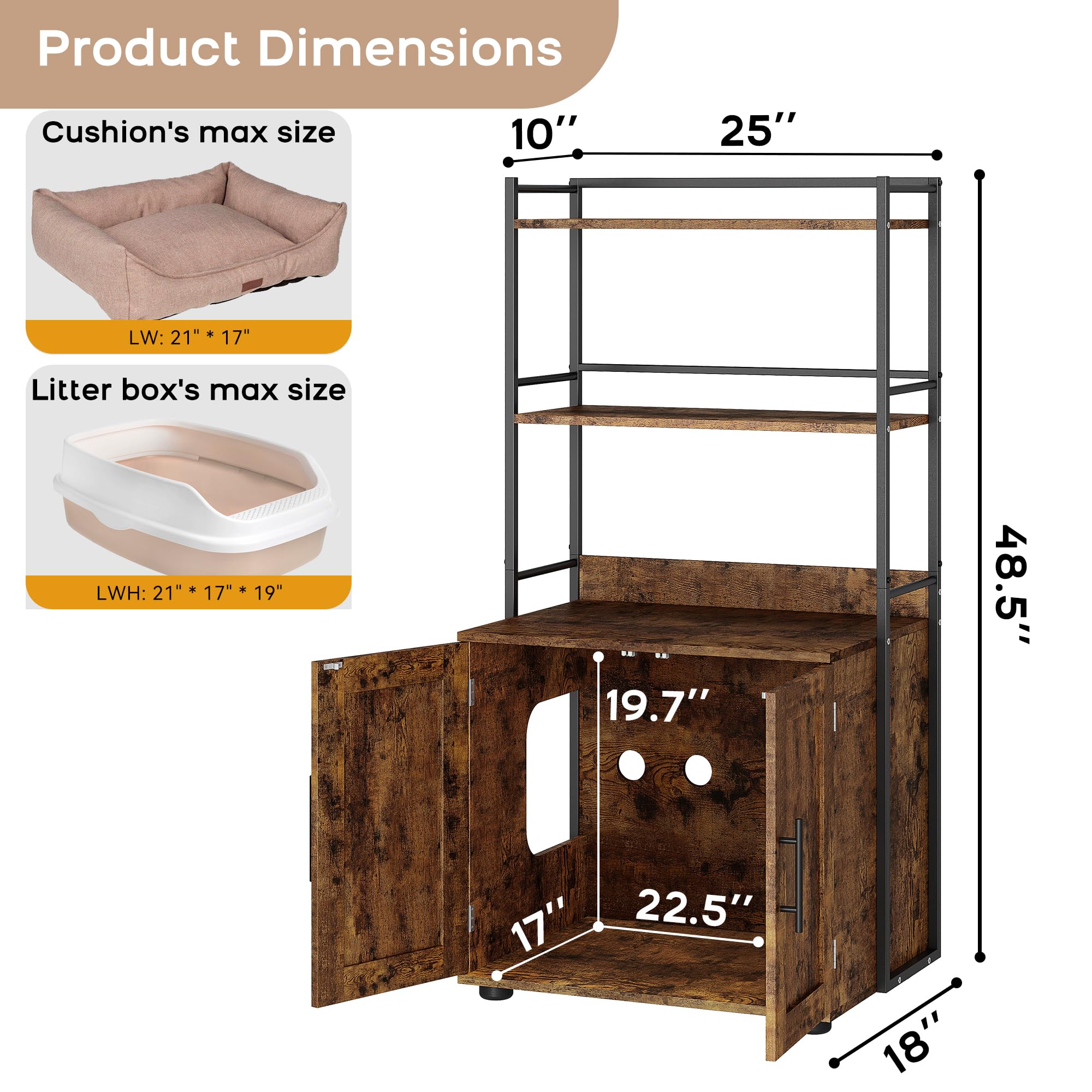 Garvee Cat Litter Box Enclosure + Hidden Cat Washroom + MDF Panel + 3 Shelves + Door + Indoor Cat Cabinet + Brown