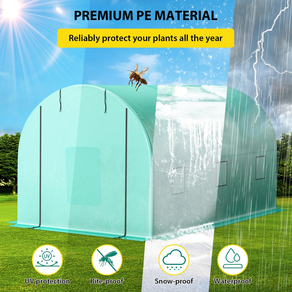 Garvee 13'x8'x7' Walk-In Tunnel Greenhouse Hoop House with Galvanized Steel Frame, 140g/m² Green PE Cover, Roll-Up Zipper Door & 6 Windows