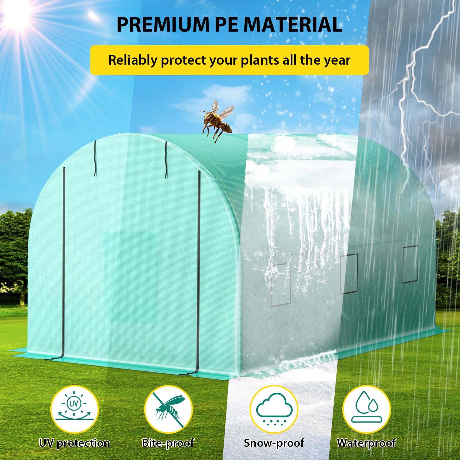 Garvee 13'x8'x7' Walk-In Tunnel Greenhouse Hoop House with Galvanized Steel Frame, 140g/m² Green PE Cover, Roll-Up Zipper Door & 6 Windows