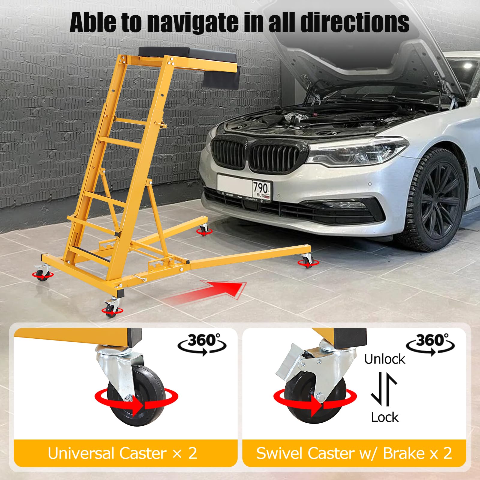 Garvee Automotive Engine Creeper, Engine Creeper with Adjustable Height 48" to 66"，400 LBS Engine Creeper, 4 Swivel Caster Wheels, Auto Repair and Maintenance - Yellow