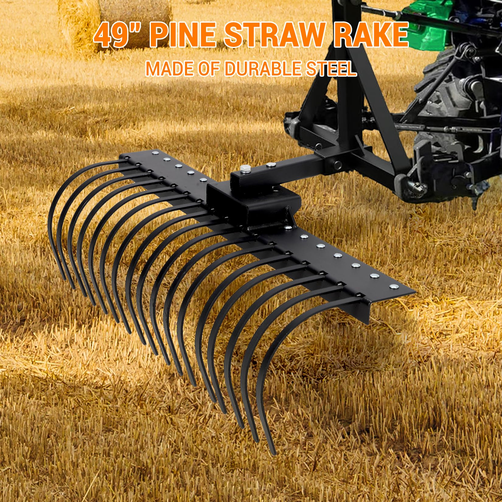 Garvee 49 Inch Landscape Rake Fits 2" Receiver for Tractor/ATV/UTV, Heavy Duty Rock Rake 17 Tines, Pine Straw Rake for Removal of Rock, Grass Clumps and Debris, Black
