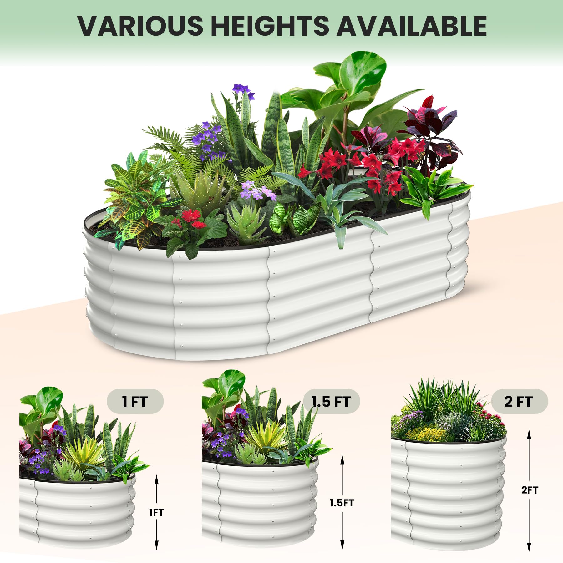 Garvee 2 Pcs 6' X 3' X 1' Oval Raised Garden Bed, Galvanized Raised Beds for Outdoor, Planter Raised Boxes with Open-Ended Base,Large Metal Raised Planter Beds for Vegetables,Flowers,Tool-Free Assembly, White