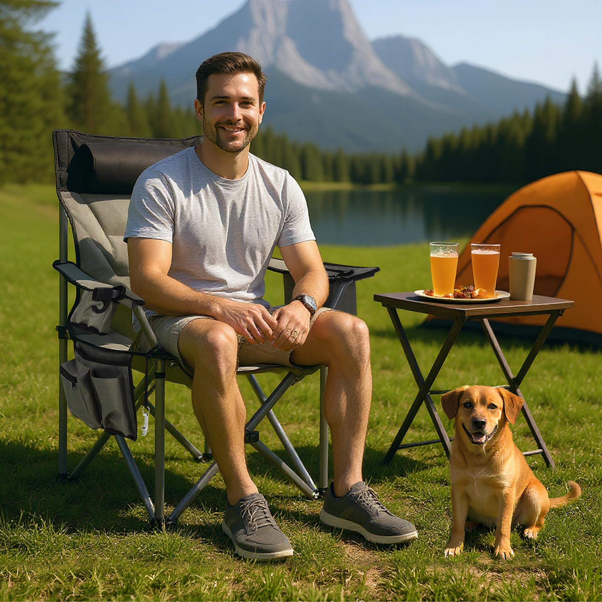 Garvee Heavy Duty Oversized Camping Chair With Cooler Pouch, Quad Lumbar Support, Cup Holder For Adults, 400 LB Capacity, Folding Outdoor Chair
