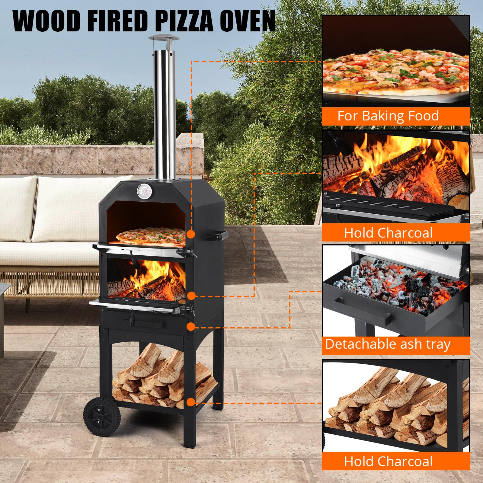 Garvee Wood-Fired Outdoor Pizza Oven, Portable with Pizza Stone, Peel, Grill Rack, Wheels, and Waterproof Cover for Backyard, Patio, and Camping