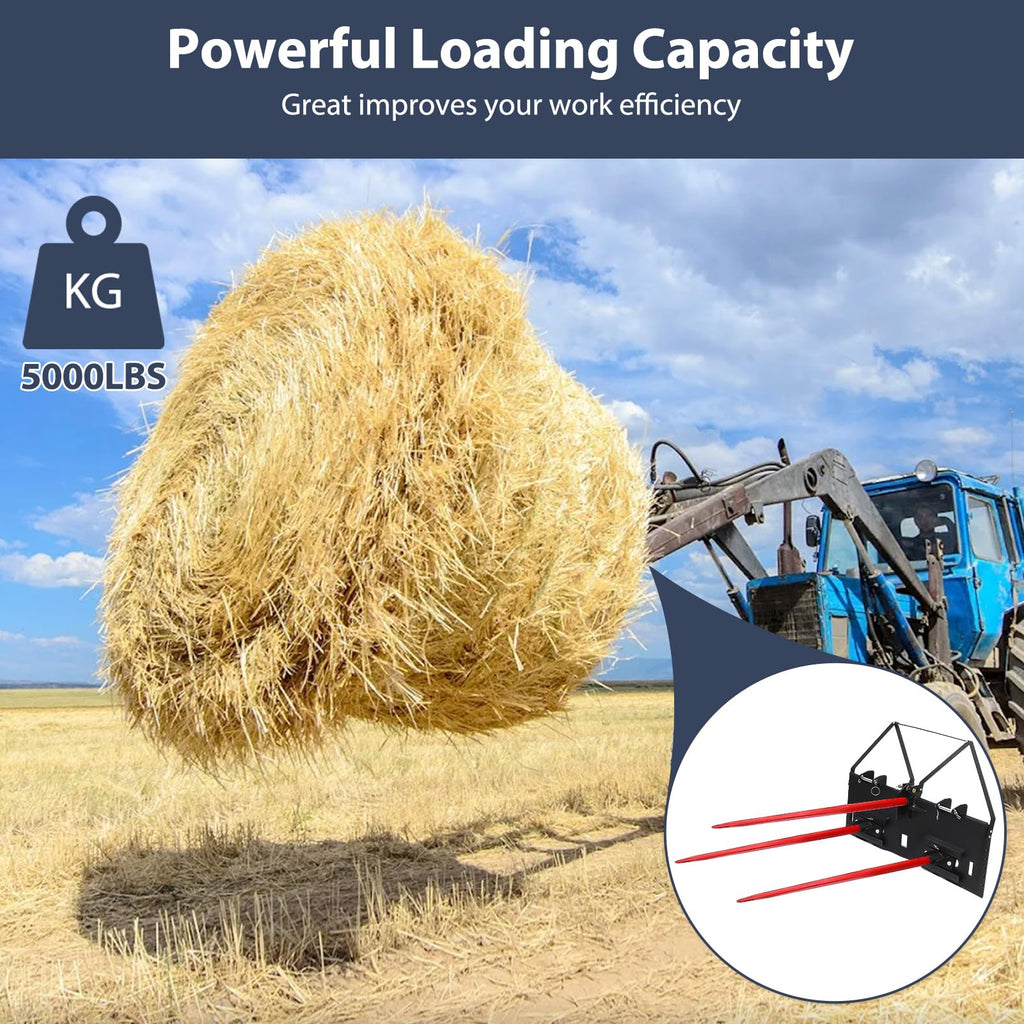 Garvee 49" Hay Spear Bale Spike 4000 lbs Capacity, Heat-Treated Spring Steel, Powder-Coated, Quick Attach, Fits Bobcat Tractors, Farm Use