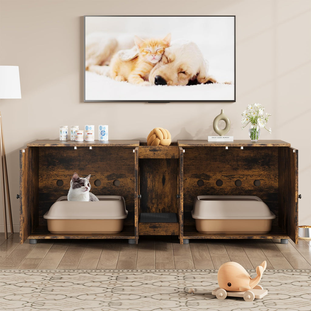 Garvee Cat Litter Box Enclosure, 55.1" Double Litter Box Furniture Large Cat Box Enclosure Kitty Litter Box for 2 Cats Hidden Cat Litter Cabinet Double Cage with Cat Litter Pad, Retro | Oval