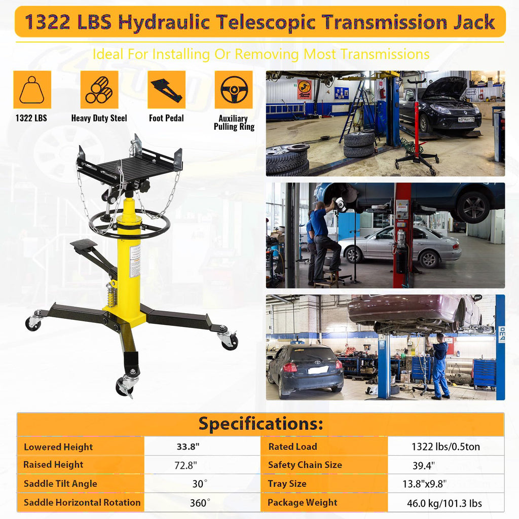 Garvee 1322lbs Transmission Jack Lift, 0.6 Ton Hydraulic Telescopic Floor Jack, Dual-Column 2-Stage Plunger, Adjustable Height, Heavy Duty Garage Shop Tool