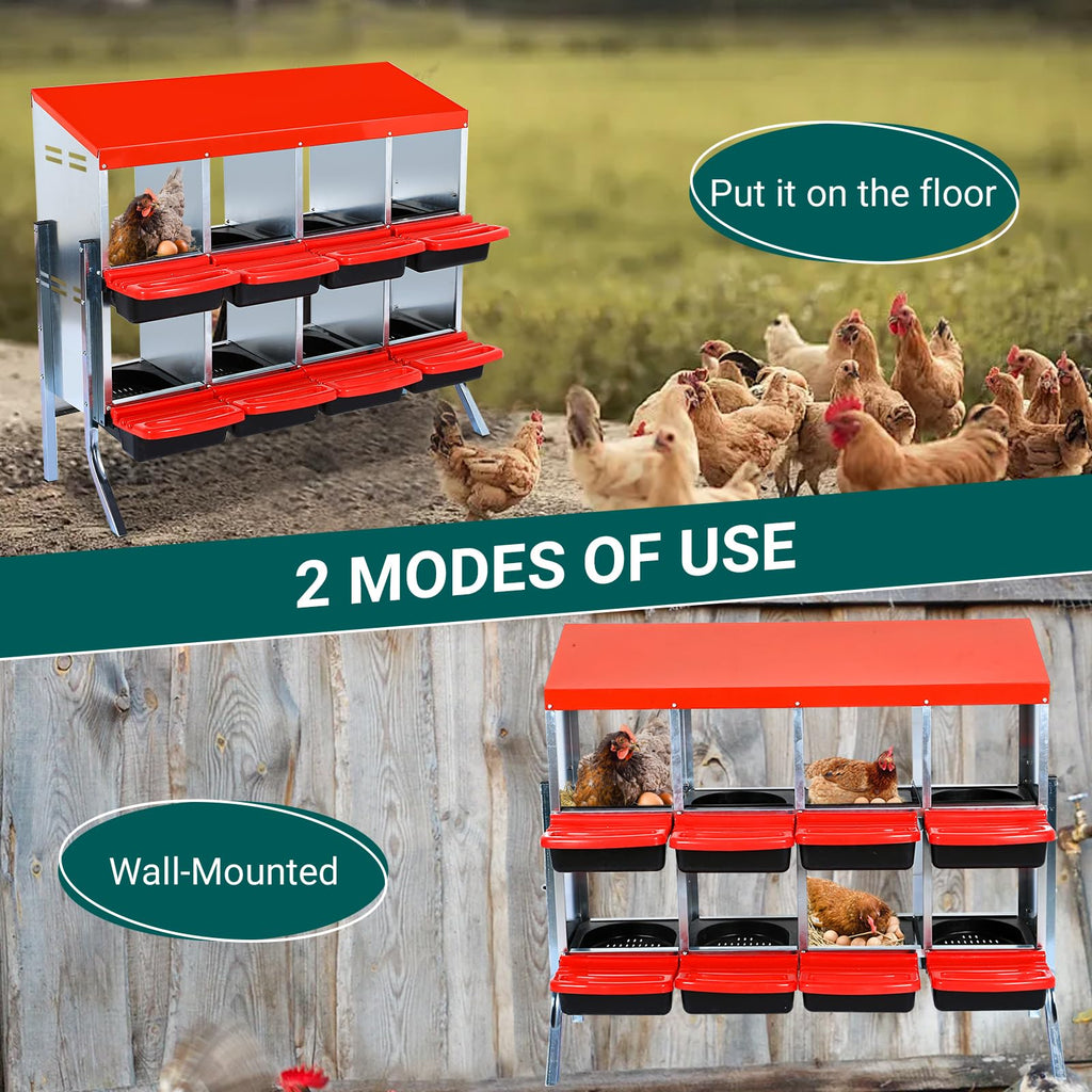 Garvee Nesting Boxes for Chickens, 8 Compartment Roll Away Nesting Box with Egg Collection, Perch, Lid Cover for Egg Protection, Wall Mount/Free Standing Nest Box for Chickens