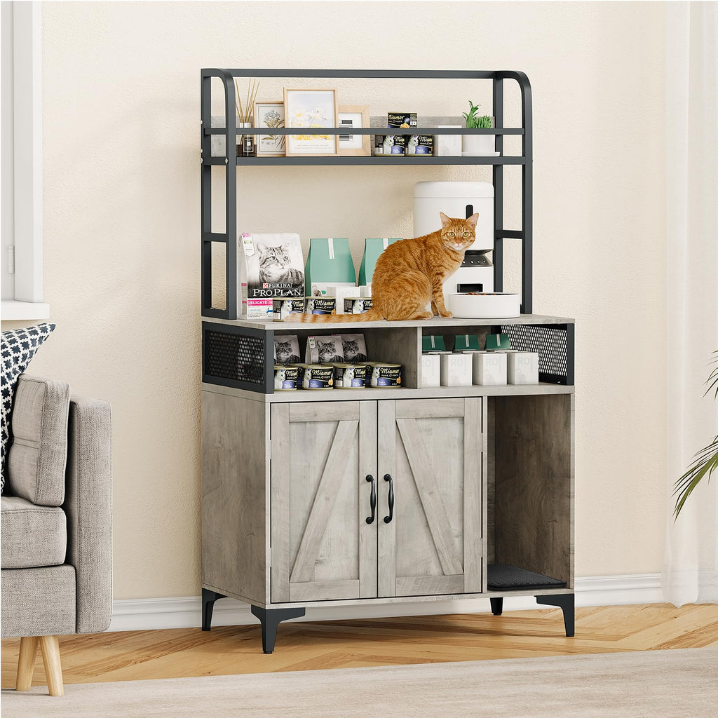 Garvee Cat Litter Box Enclosure, 3 Shelves, Modern Style, Hidden Litter Box Furniture with Storage and Doors, Grey
