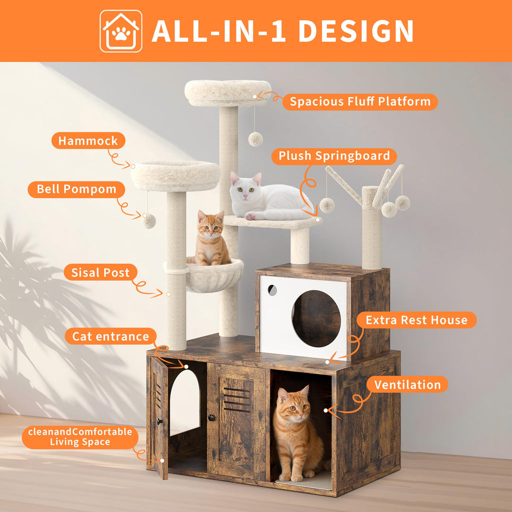 Garvee Cat Tree with Litter Box Enclosure, Sisal Scratching Post, Modern Wooden Cat Tower, Rustic Brown, Compact 31.5''x18.9''