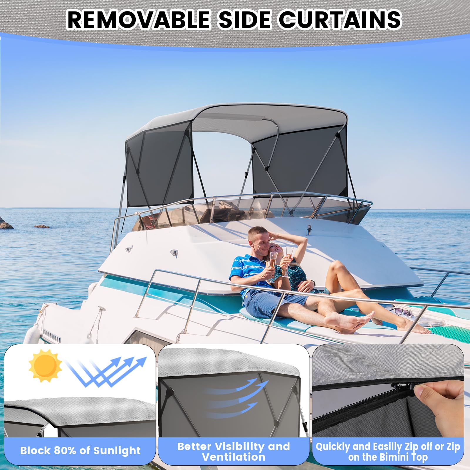 Garvee 3 Bow 6'L x 46" H x 79"-84" W Bimini Tops UV Protection Adjustable Poles Marine Grade Canvas Easy Install