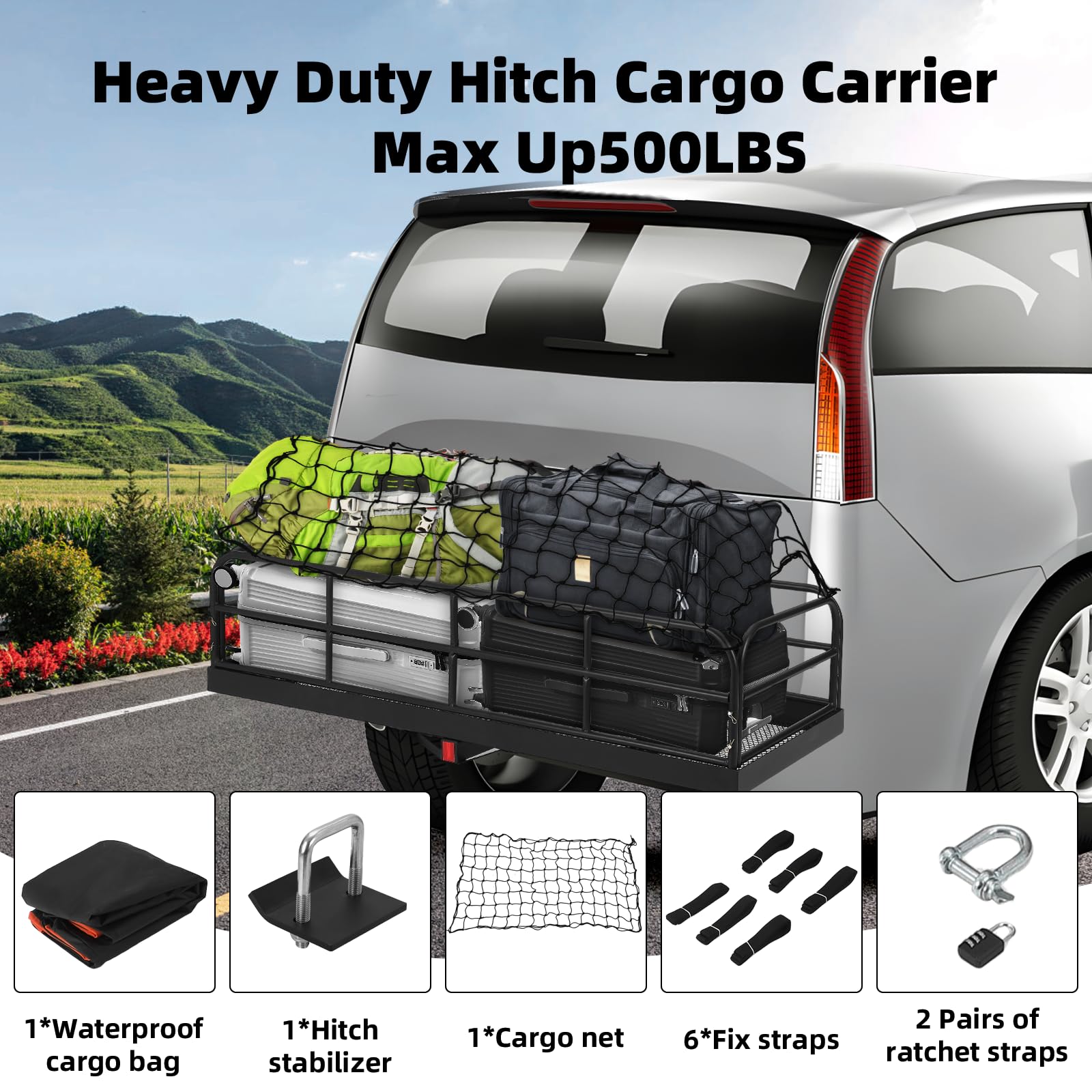 Garvee 60"x24"x14" 500 lbs Heavy Duty Foldable Trailer Hitch Cargo Carrier, Steel for SUV, Pickup, Camping & Traveling, Black