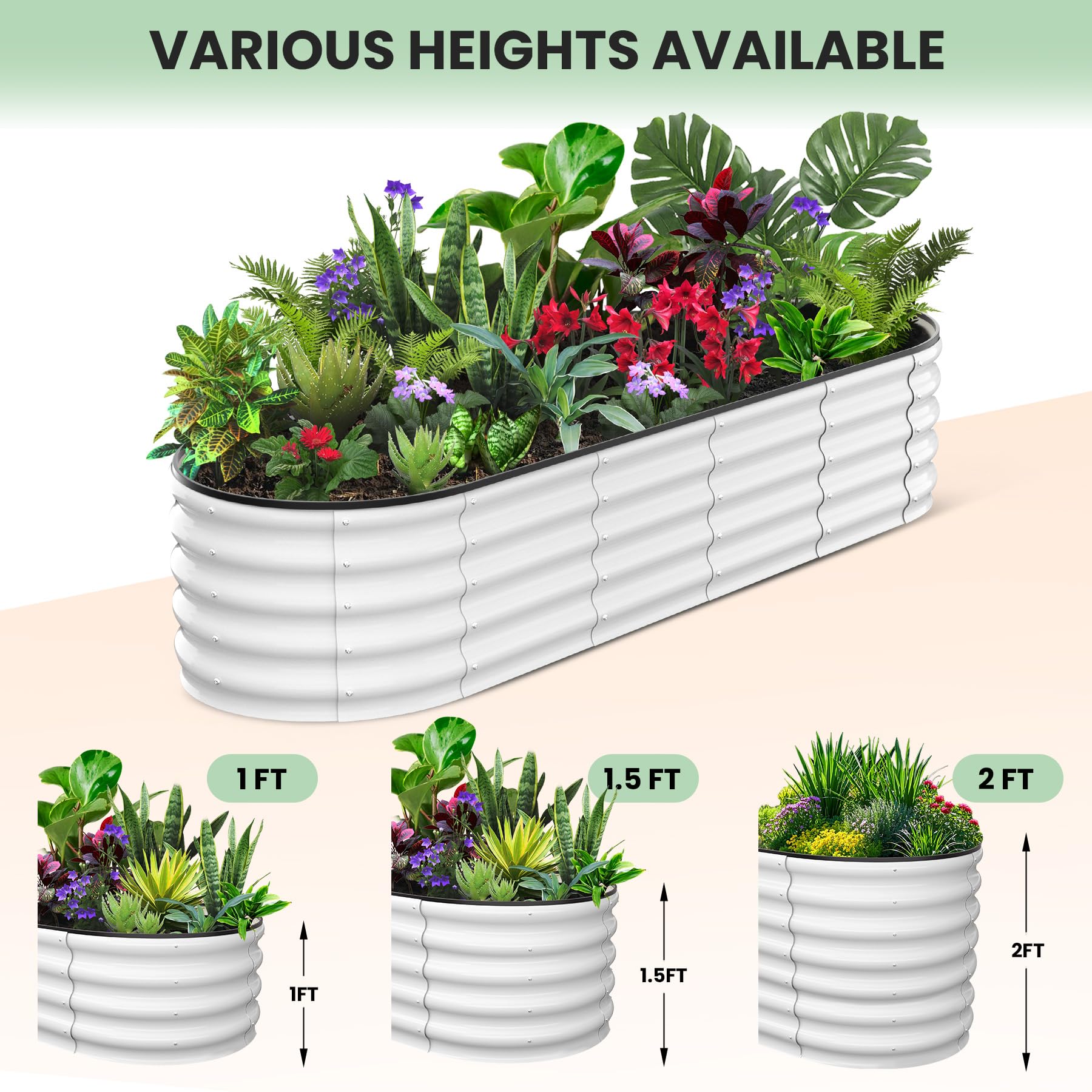 Garvee 8' X 2' X 1' Galvanized Raised Beds for Outdoor, Oval Raised Garden Bed with Open Base, Tool-Free Assembly Planter Raised Boxes for Outdoor Vegetables & Flowers, White
