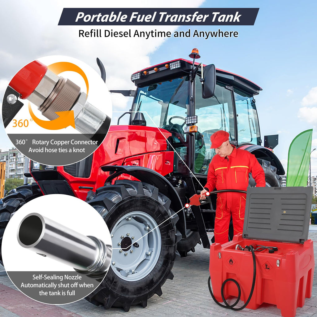 Garvee Portable Diesel Tank, 128 Gallon Fuel Tank with 12V Electric Fuel Transfer Pump, 10 GPM Diesel Transfer Tank with Auto Fueling Nozzle & 360° Swivel Connector with 13.1ft Hose - Red