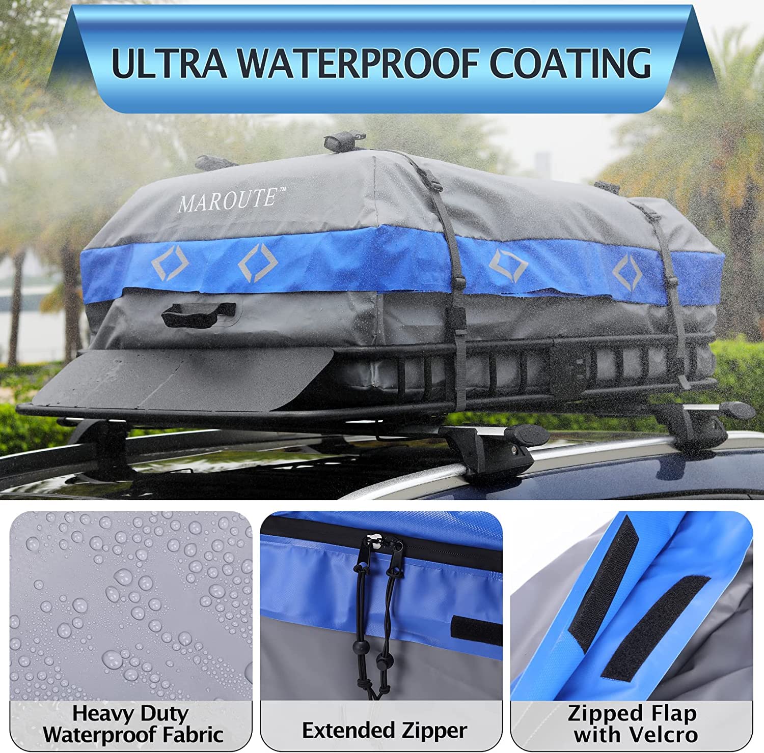Garvee Rooftop Cargo Carrier Bag, 21 Cubic Feet Heavy Duty Waterproof Car Roof Bag, Fits All Cars with/without Rack, 8 Door Hooks, Storage Bag, Blue & Gray