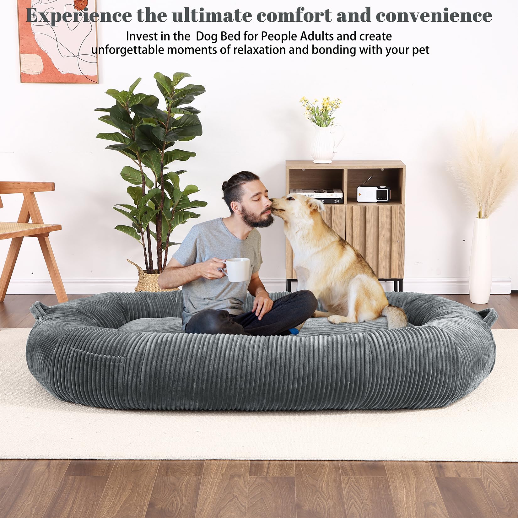 Garvee Dog Bed for Adult, Human Size Giant Dog Bed for Men and Women, 71”x48”x14” Human Dog Lazy Sofa Bed for People and Pets, Washable Strip Flannel Nap Bed Adult Oval, Human-Sized Dog Bed,Light Grey