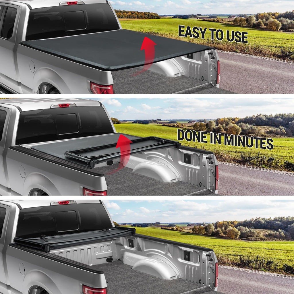 Garvee Soft Tri-Fold Truck Bed Tonneau Cover For 2017-2025 F 250/F 350/F 450 SRW Crew Cab Superduty Double Cab 6'-8” Bed Waterproof UV Resistant Black