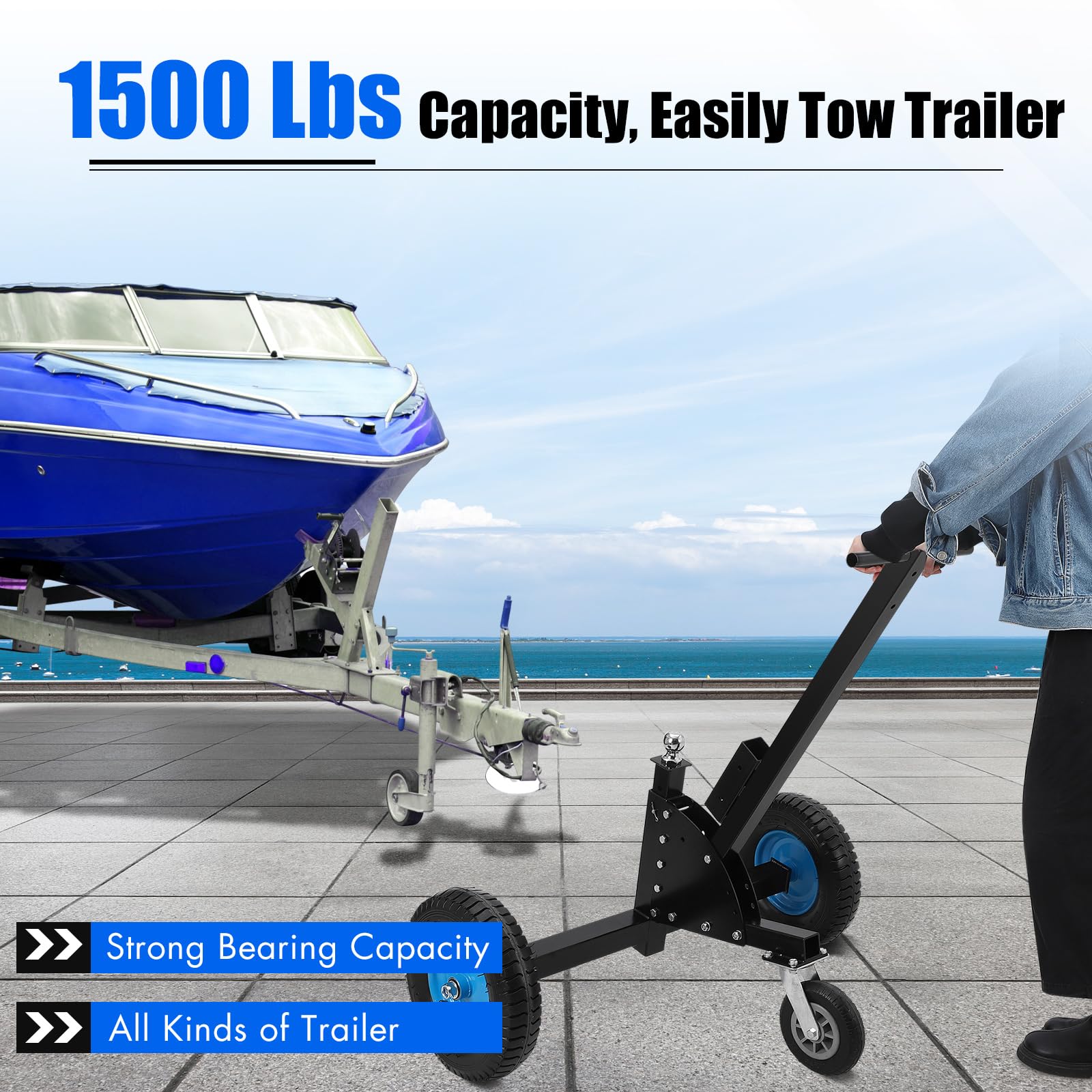 Garvee Adjustable Trailer Dolly 1500 lbs Load Capacity, Utility Trailer Mover Dolly with Adjustable Height & 2 Inch Ball,Pneumatic Tires & 3 Universal Wheel, Carbon Steel Trailer, Multiple-uses