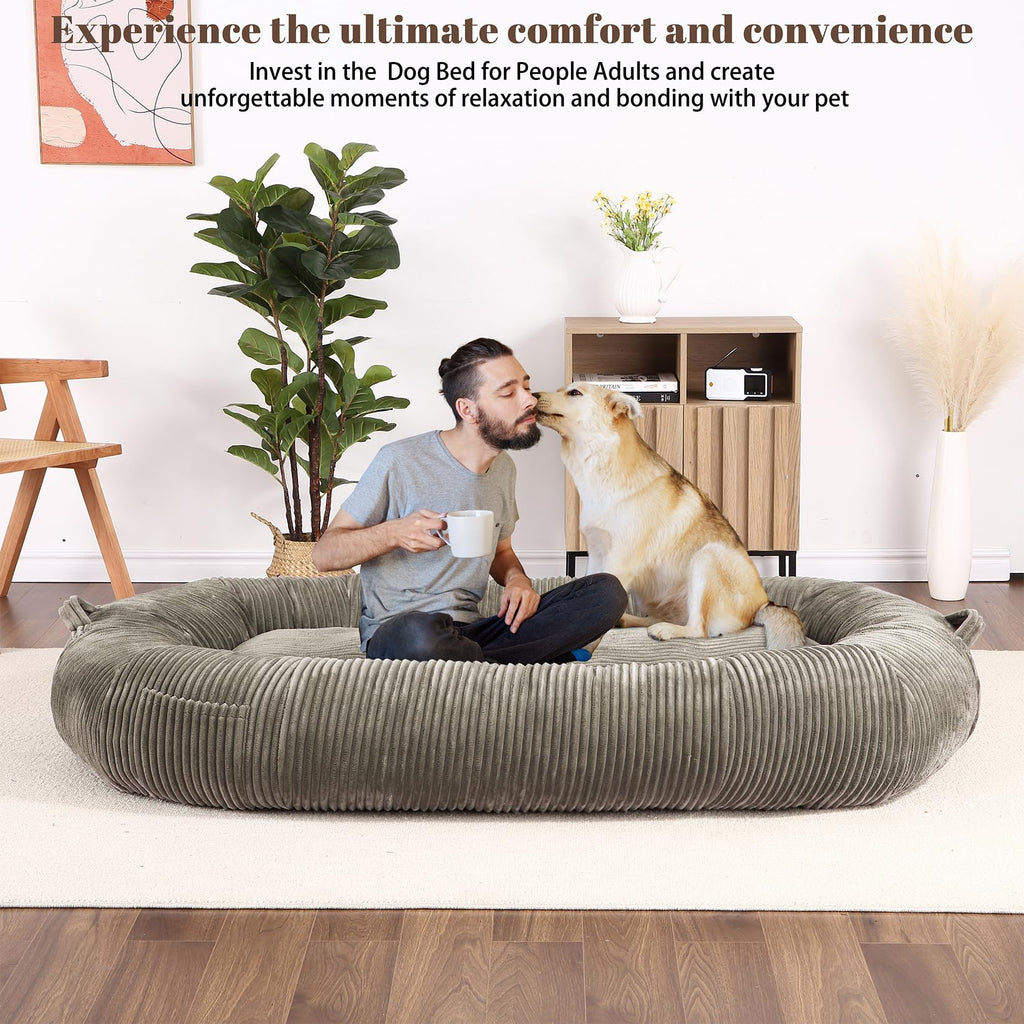 Garvee Dog Bed for Adult, Human Size Giant Dog Bed for Men and Women, 71”x48”x14” Human Dog Lazy Sofa Bed for People and Pets, Washable Strip Flannel Nap Bed Adult Oval, Human-Sized Dog Bed,Brown
