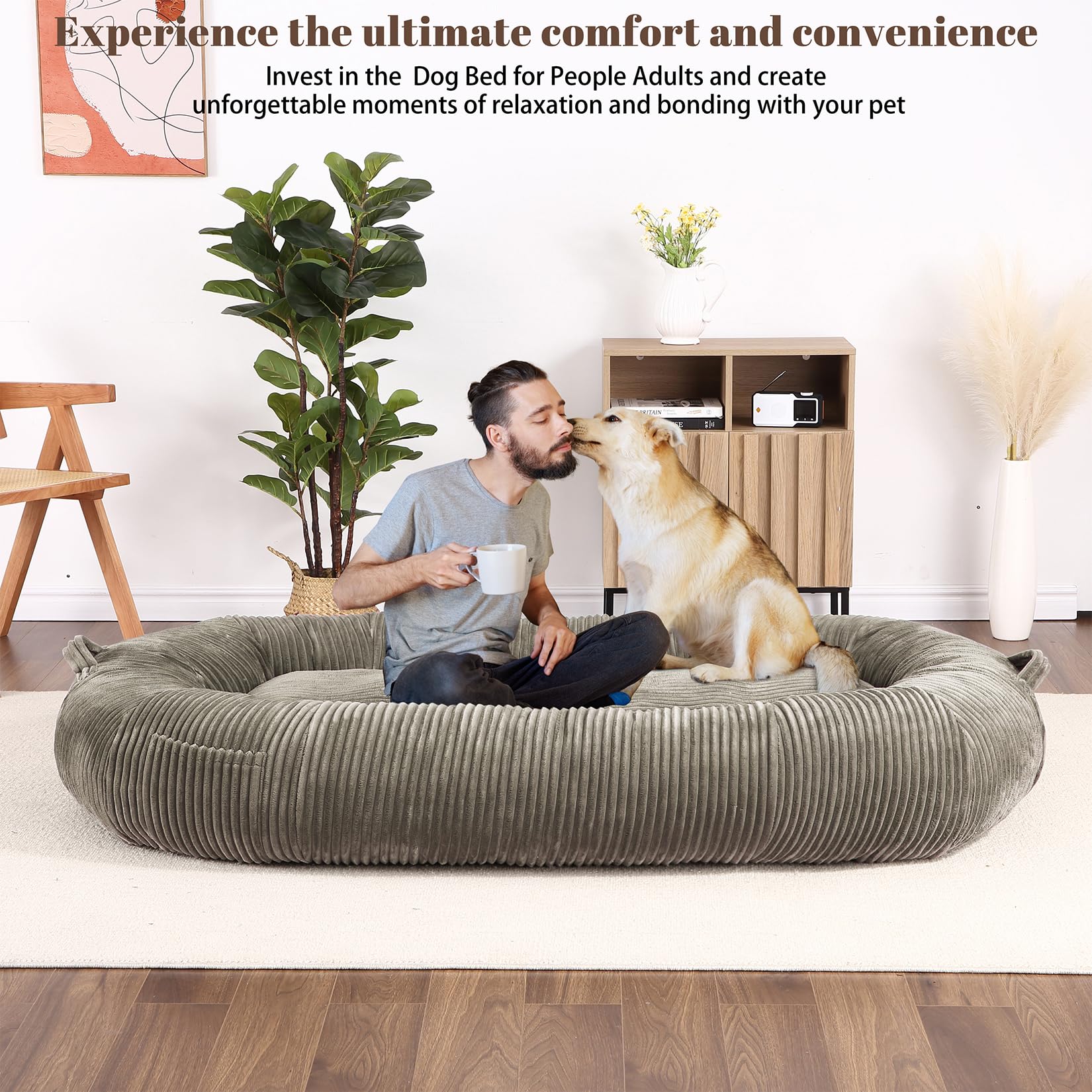 Garvee Dog Bed for Adult, Human Size Giant Dog Bed for Men and Women, 71”x48”x14” Human Dog Lazy Sofa Bed for People and Pets, Washable Strip Flannel Nap Bed Adult Oval, Human-Sized Dog Bed,Brown