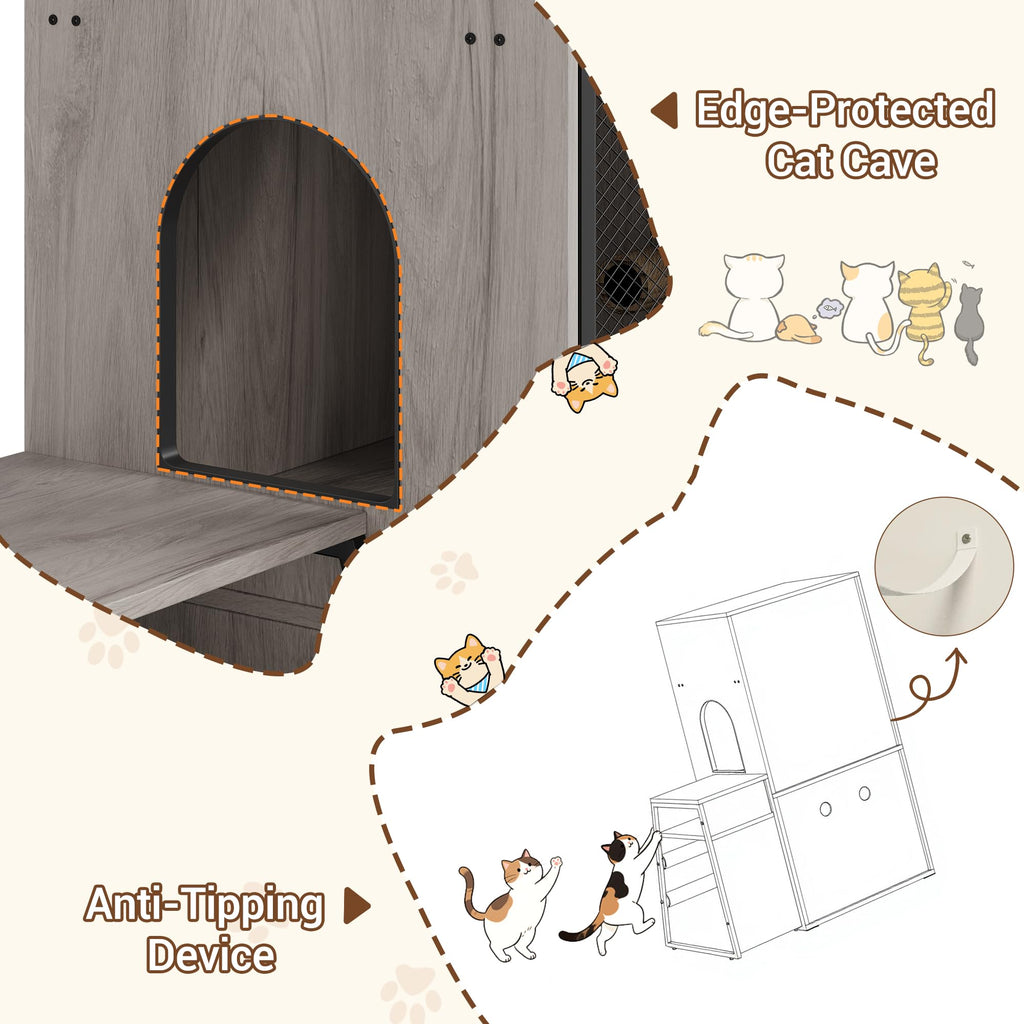 Garvee Cat Litter Box Enclosure with Doors, Double Cat House with Storage, Ladder, Grey, 22.6"L x 17.7"W x 10.9"H
