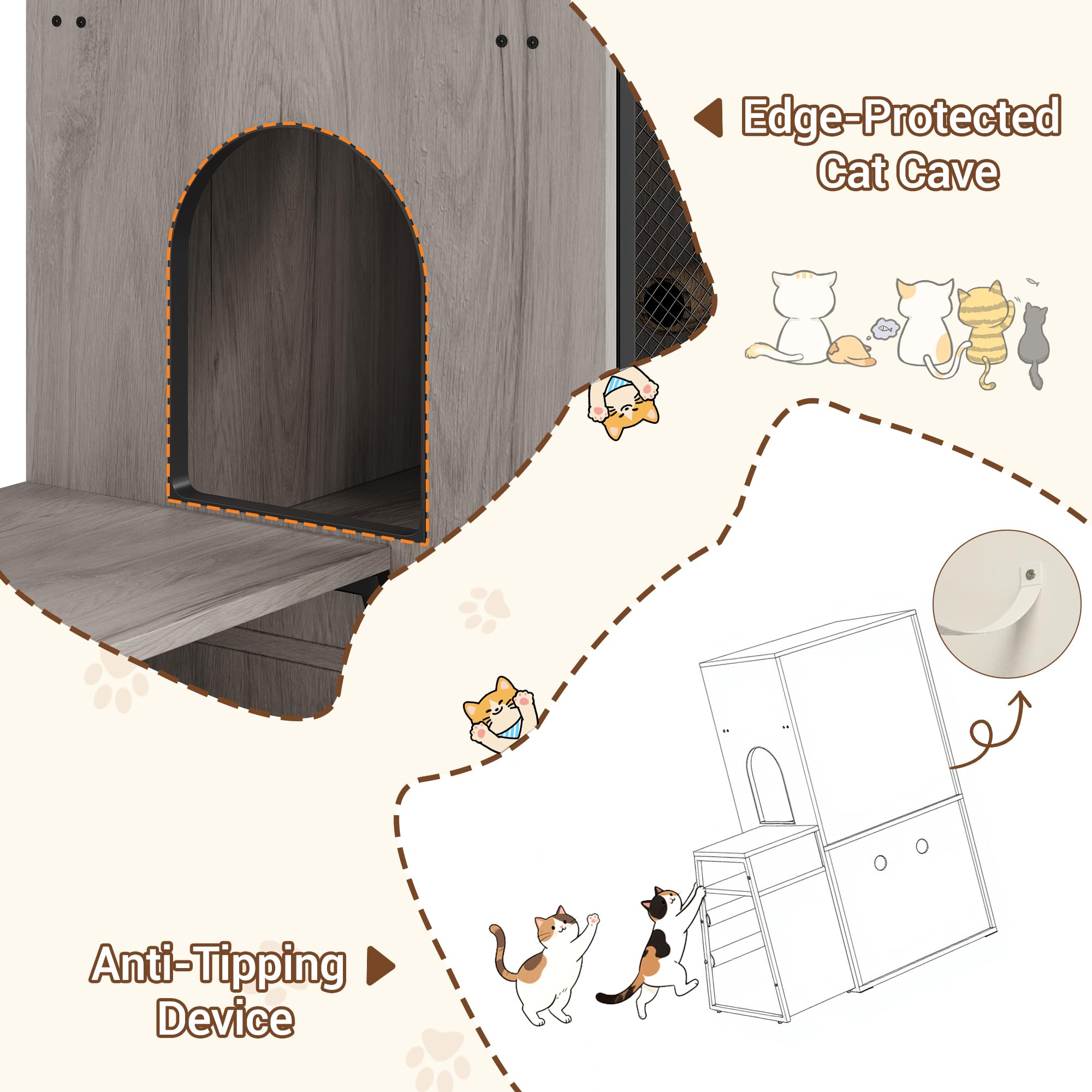 Garvee Cat Litter Box Enclosure with Doors, Double Cat House with Storage, Ladder, Grey, 22.6"L x 17.7"W x 10.9"H