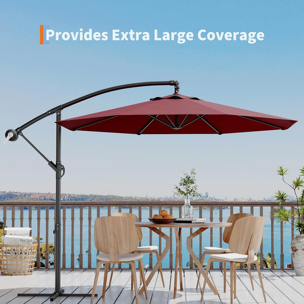 Garvee 10' Offset Patio Umbrella, Cantilever Umbrella with Easy Lift & Tilt Adjustment, 8 Ribs Sun Umbrella UV Protection, Wine Red