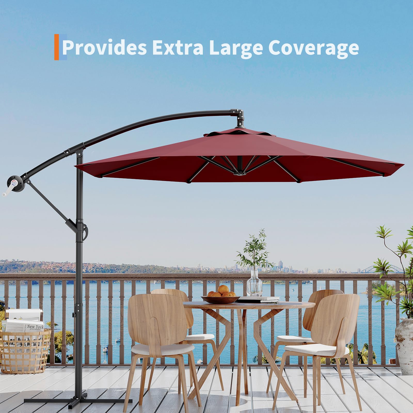 Garvee 10' Offset Patio Umbrella, Cantilever Umbrella with Easy Lift & Tilt Adjustment, 8 Ribs Sun Umbrella UV Protection, Wine Red
