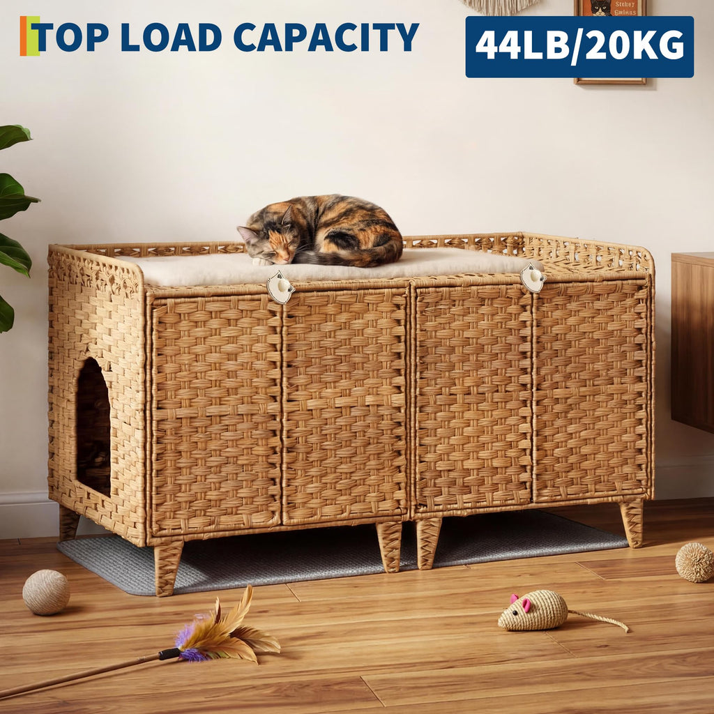 Garvee Cat Litter Box Enclosure Furniture Handwoven Rattan Hidden Washroom Large Space Natural for Living Room Bedroom