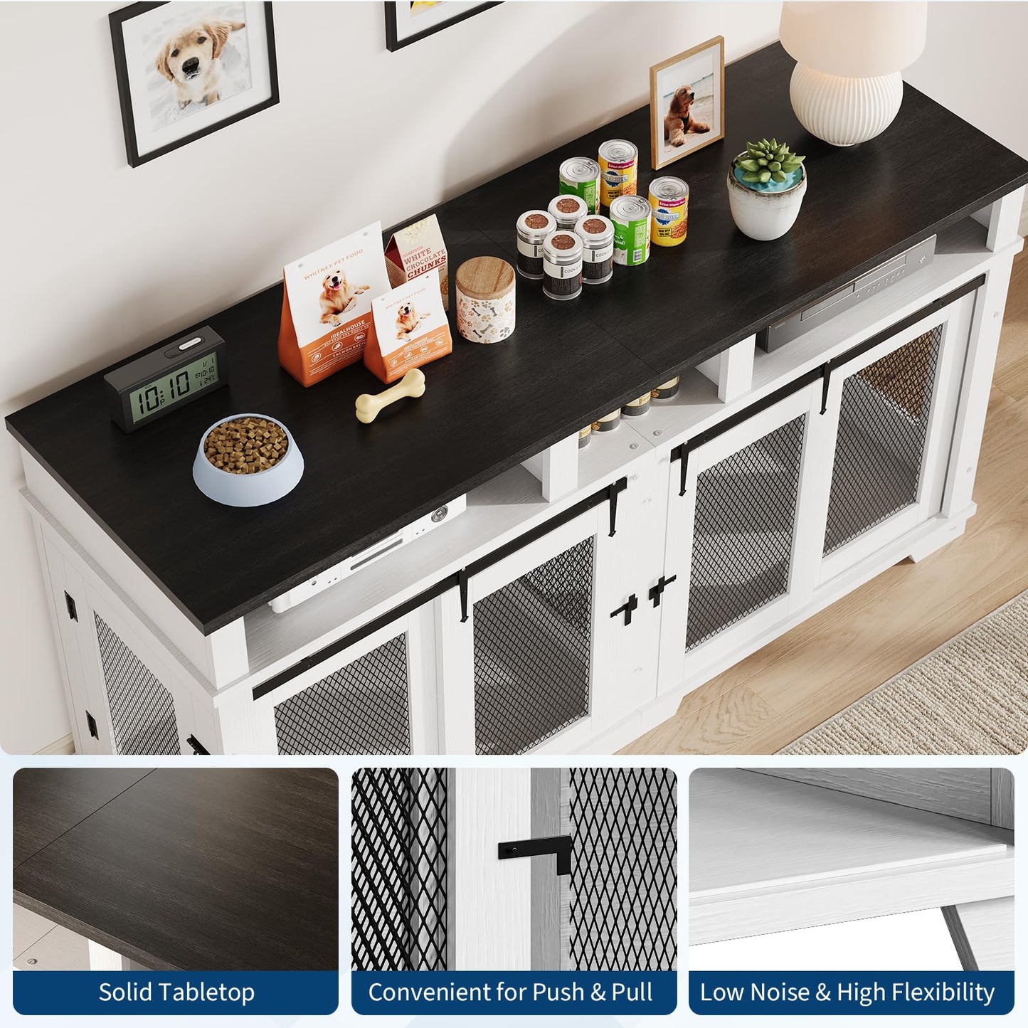 Garvee 71'' Dog Crate Furniture for 2 Dogs, Extra Large Double Dog Kennel with Removable Divider and Storage Drawers, Wooden TV Stand for Large Medium Dogs in White, Natural Wood, Brown