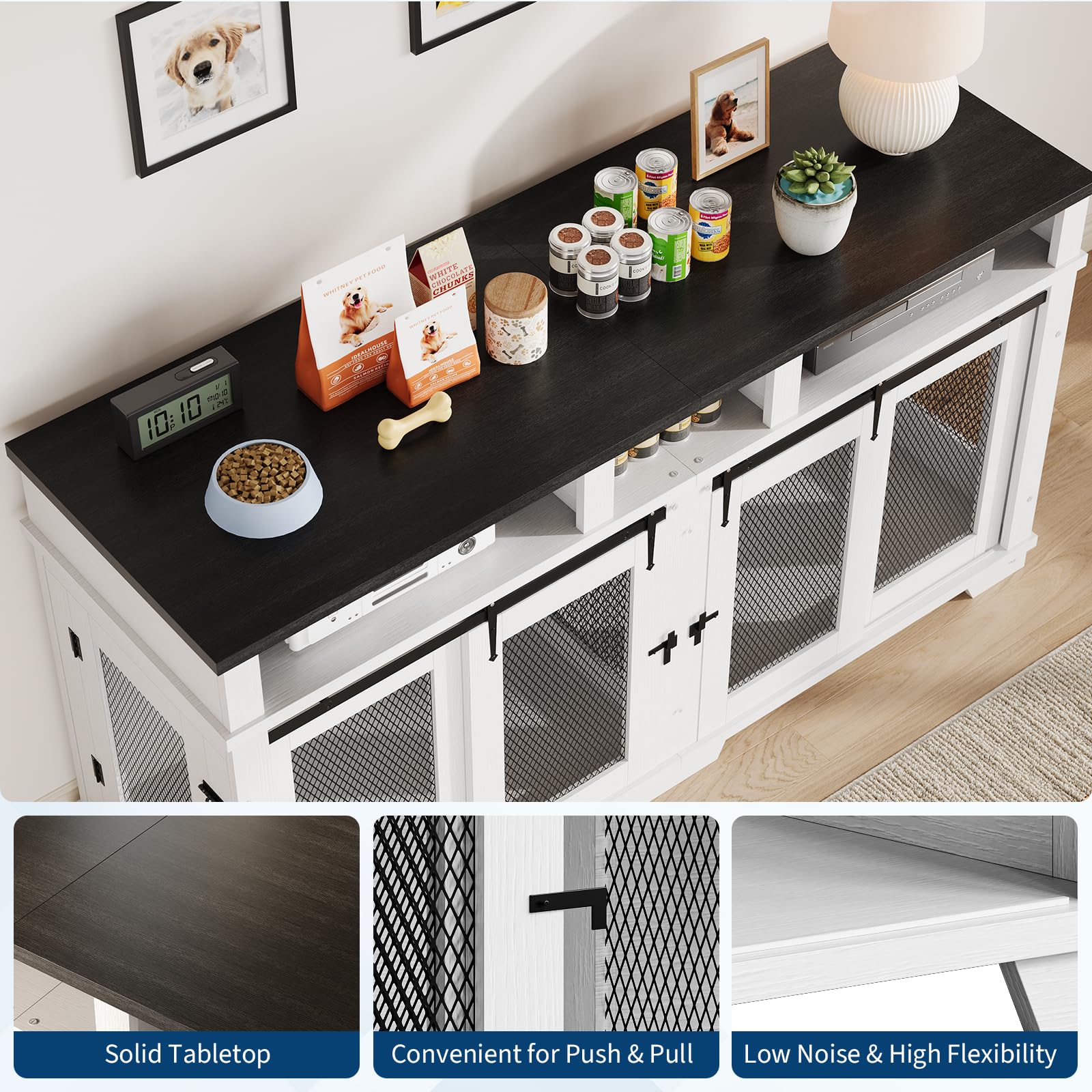 Garvee 71'' Dog Crate Furniture for 2 Dogs, Extra Large Double Dog Kennel with Removable Divider and Storage Drawers, Wooden TV Stand for Large Medium Dogs in White, Natural Wood, Brown