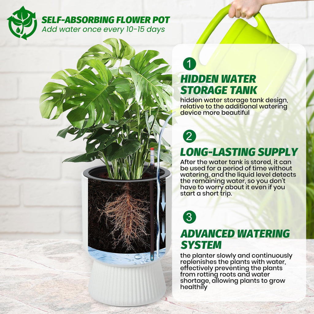 Garvee 14 Inch Plant Pots, Self Watering Planters Set of 2 with Drainage Holes, Tall planters for Indoor Plants, Flower Pots with Water Level Monitor, for Patio, Porch, Living Room, Home Office, White