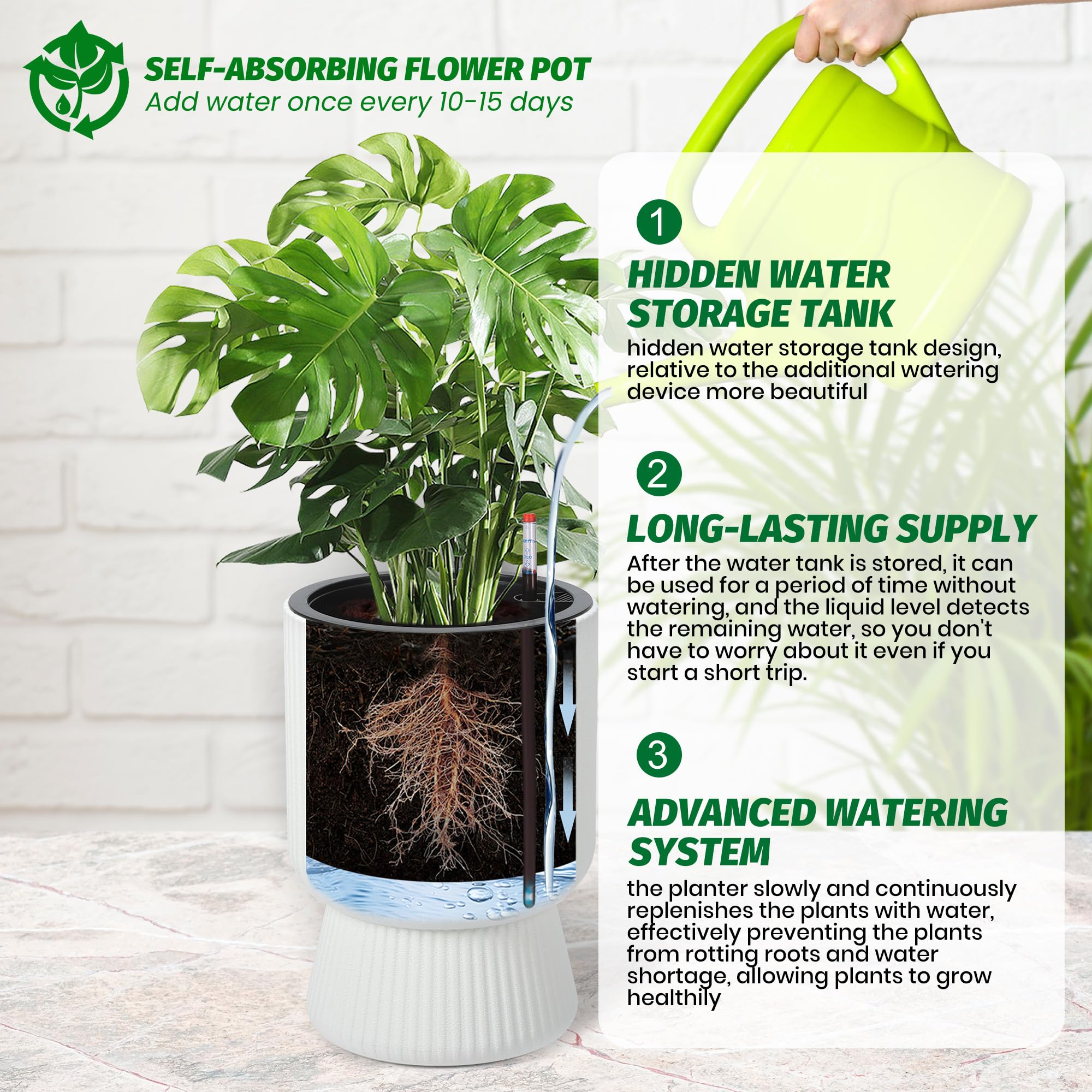 Garvee 14 Inch Plant Pots, Self Watering Planters Set of 2 with Drainage Holes, Tall planters for Indoor Plants, Flower Pots with Water Level Monitor, for Patio, Porch, Living Room, Home Office, White