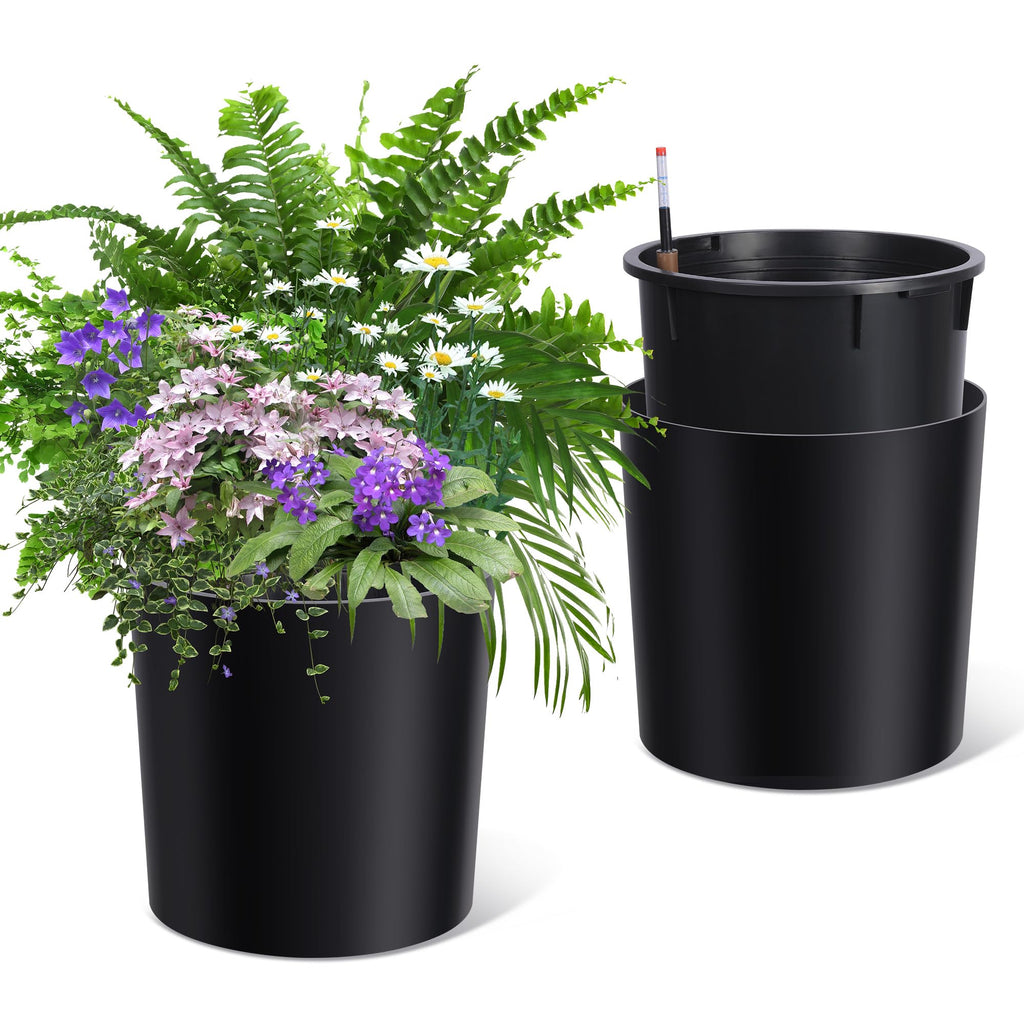 Garvee Tall Round Planter Set of 2, 20" Large Flower Pot Outdoor, Planters for Indoor Plants with Built-in Drainage and a Water Level Monitor and Wheels for Patio, Porch, Living Room, or Home Office, Black