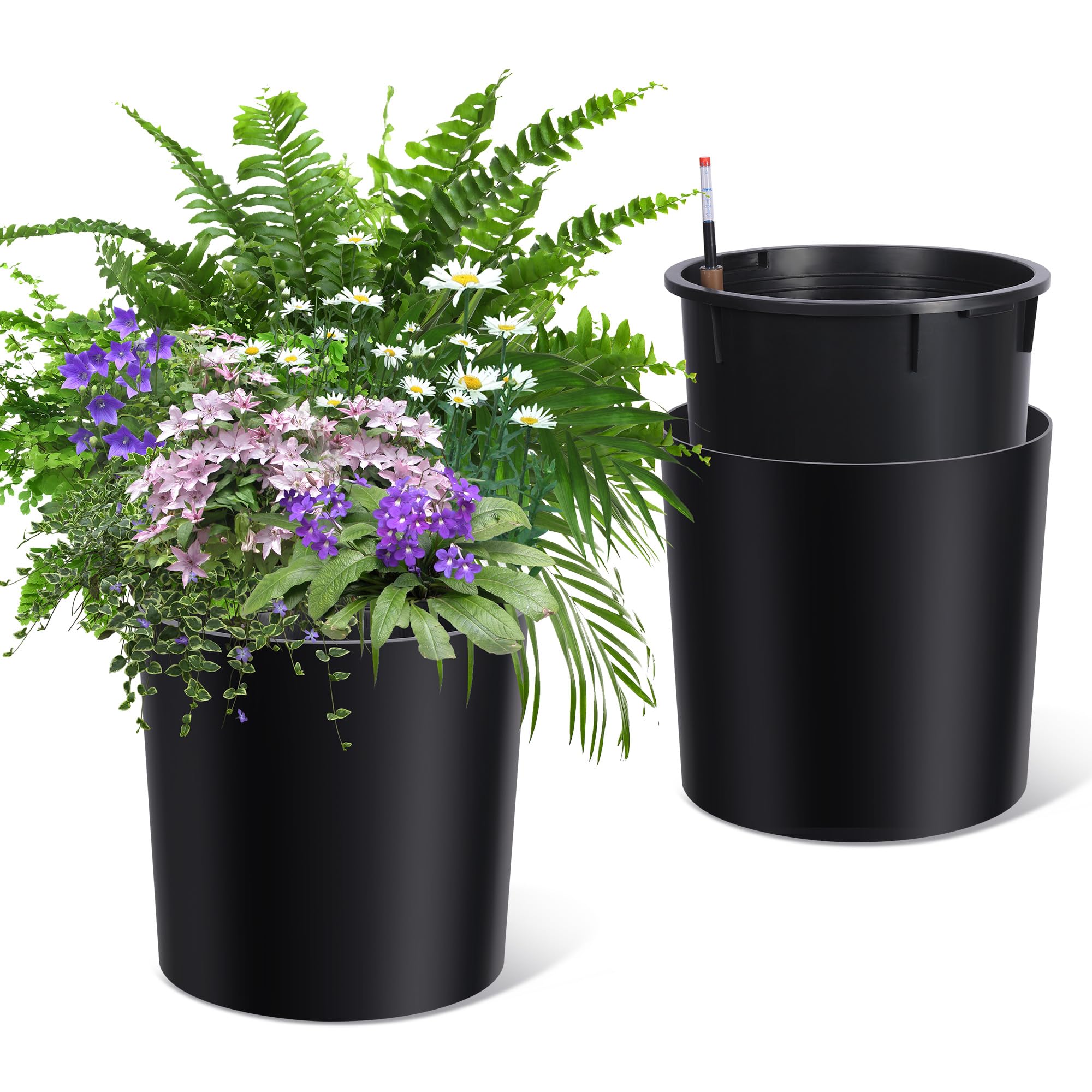 Garvee Tall Round Planter Set of 2, 20" Large Flower Pot Outdoor, Planters for Indoor Plants with Built-in Drainage and a Water Level Monitor and Wheels for Patio, Porch, Living Room, or Home Office, Black