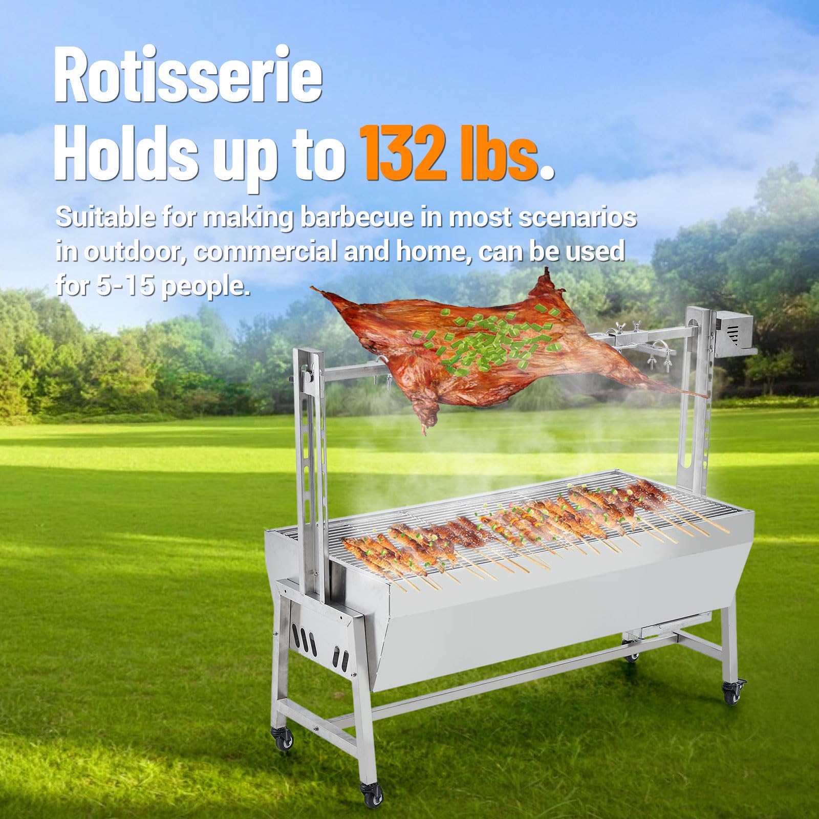 Garvee Stainless Steel Rotisserie Grill, 54in 132LB Capacity Electric BBQ Pig Lamb Rotisserie Roaster with 50W Motor, Charcoal Spit Roaster Grill for Outdoor Kitchen, Camping
