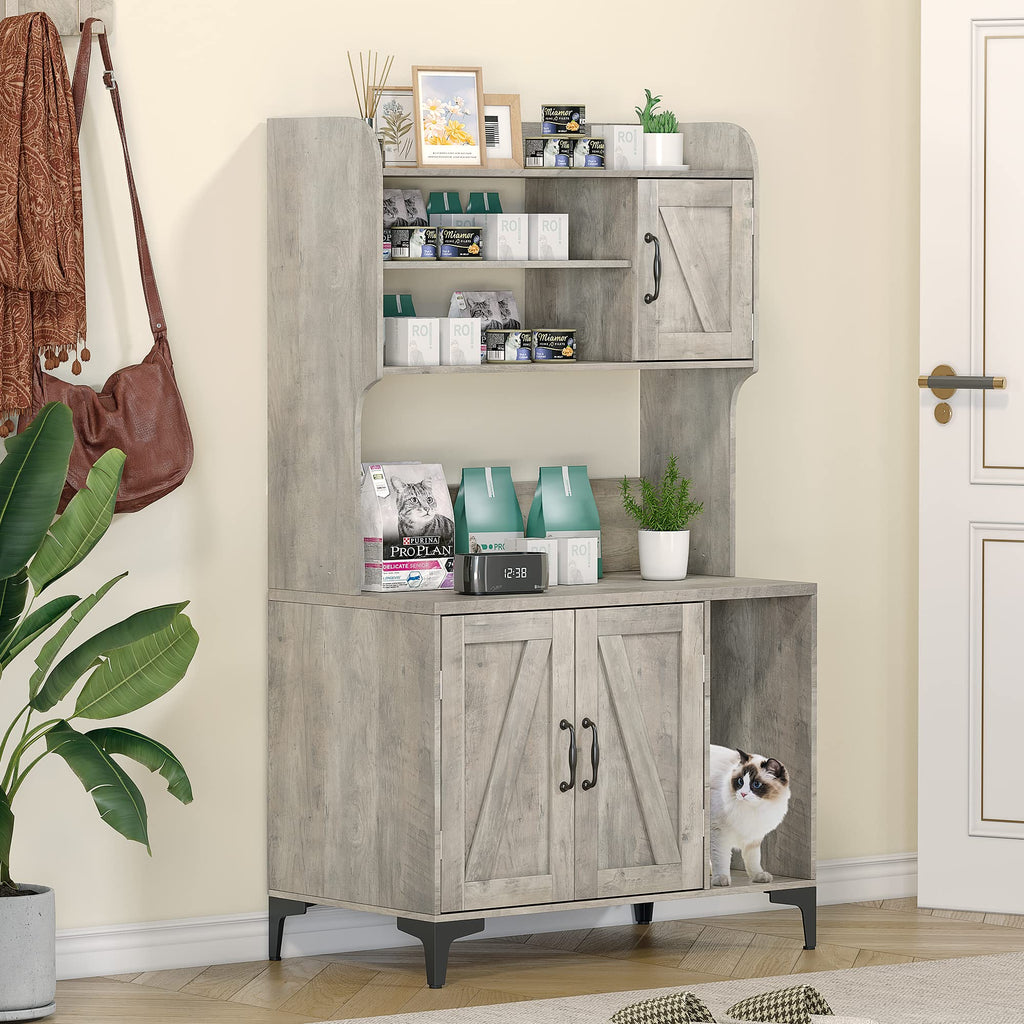 Garvee Cat Litter Box Enclosure, Modern Hidden Cat Litter Box Furniture with 4-Tier Storage Shelves, 2 Cabinets, Cat Litter Mat, Large Wood Indoor Cat House Furniture for Home, Grey